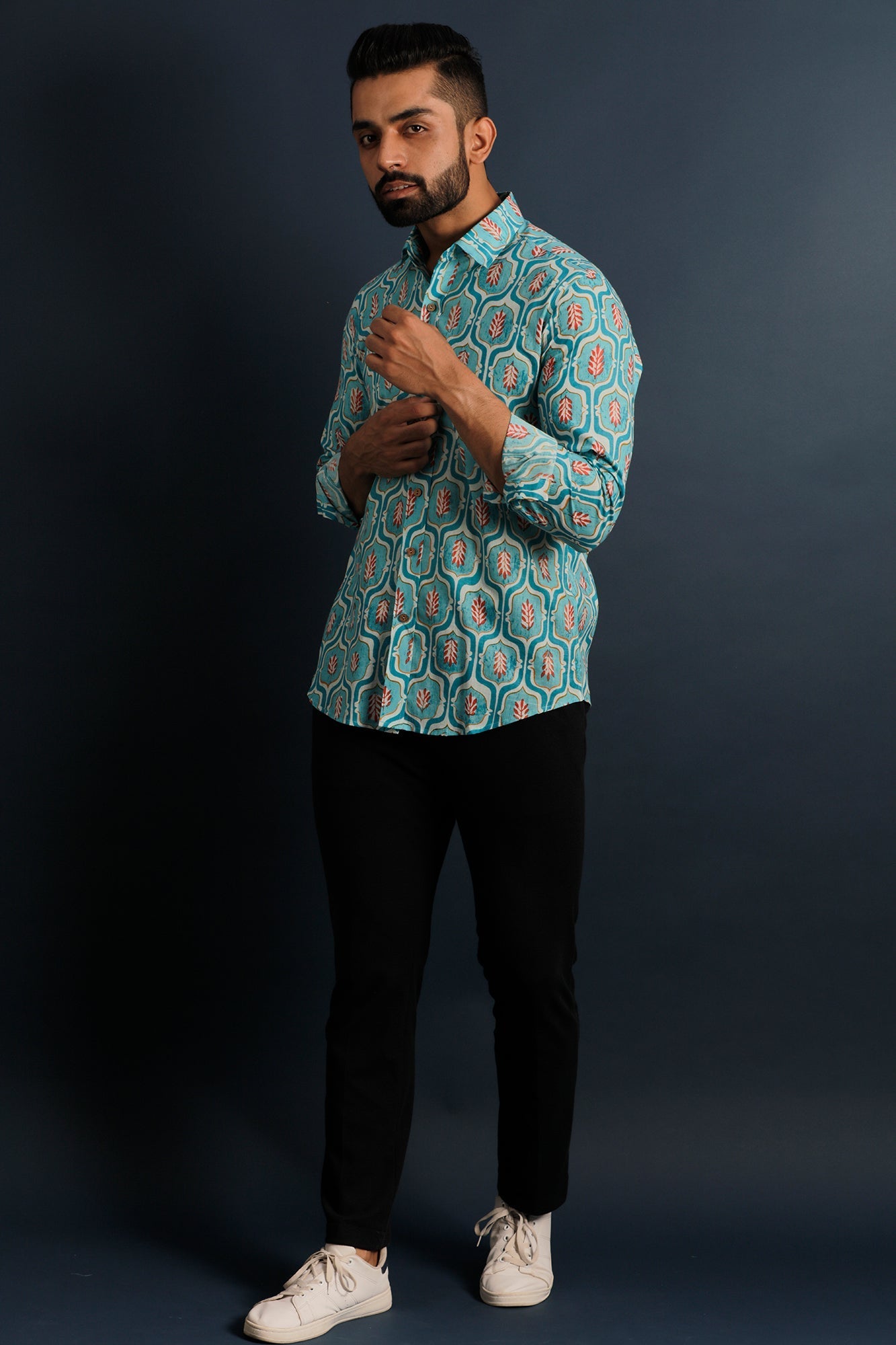 Printed Men's Wear Teal Blue Shirt