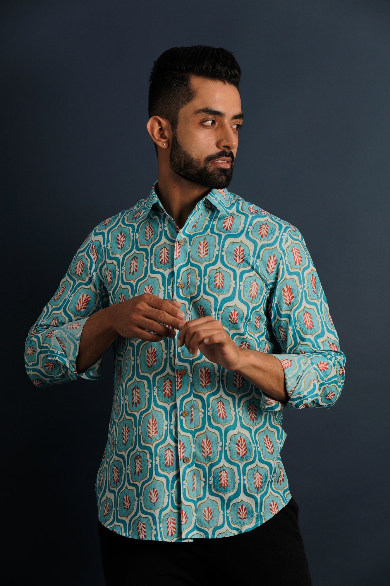 Printed Men's Wear Teal Blue Shirt