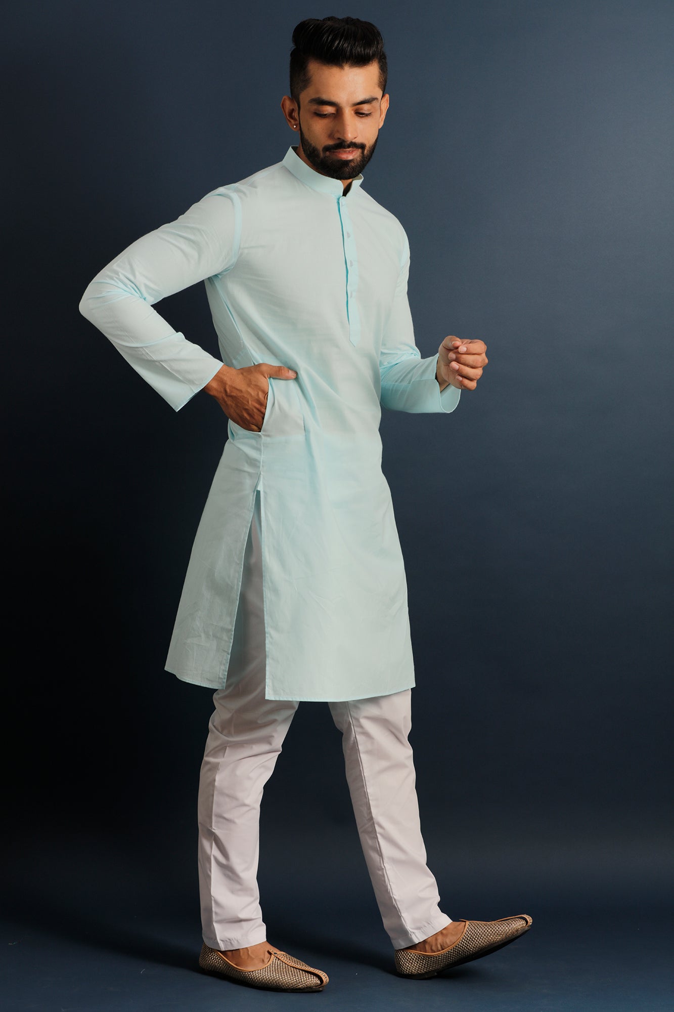 Mandarin Collar Long Sleeves Pure Cotton Straight Kurta