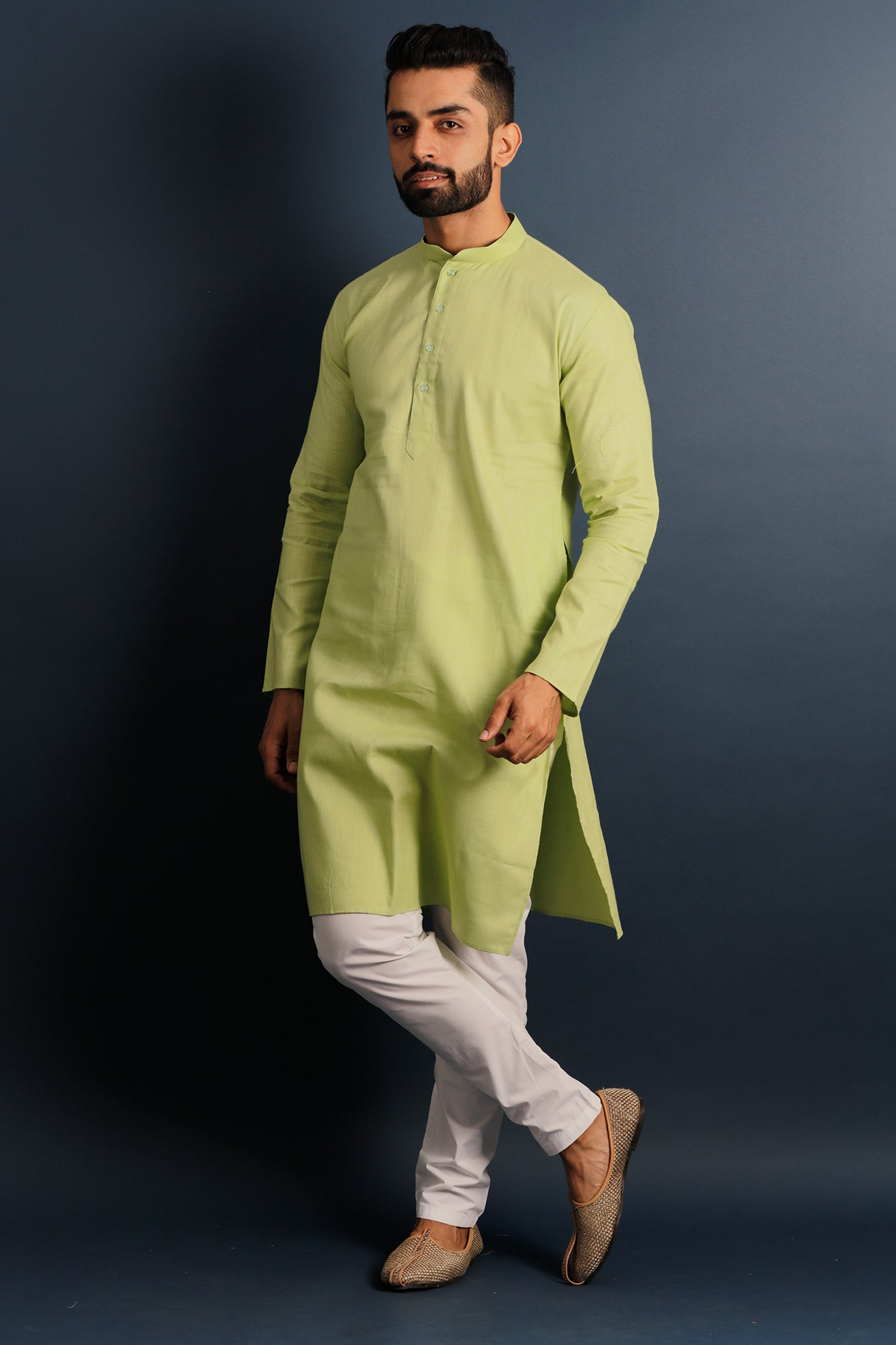 Men Fluorescent Green Thread Work Kurta