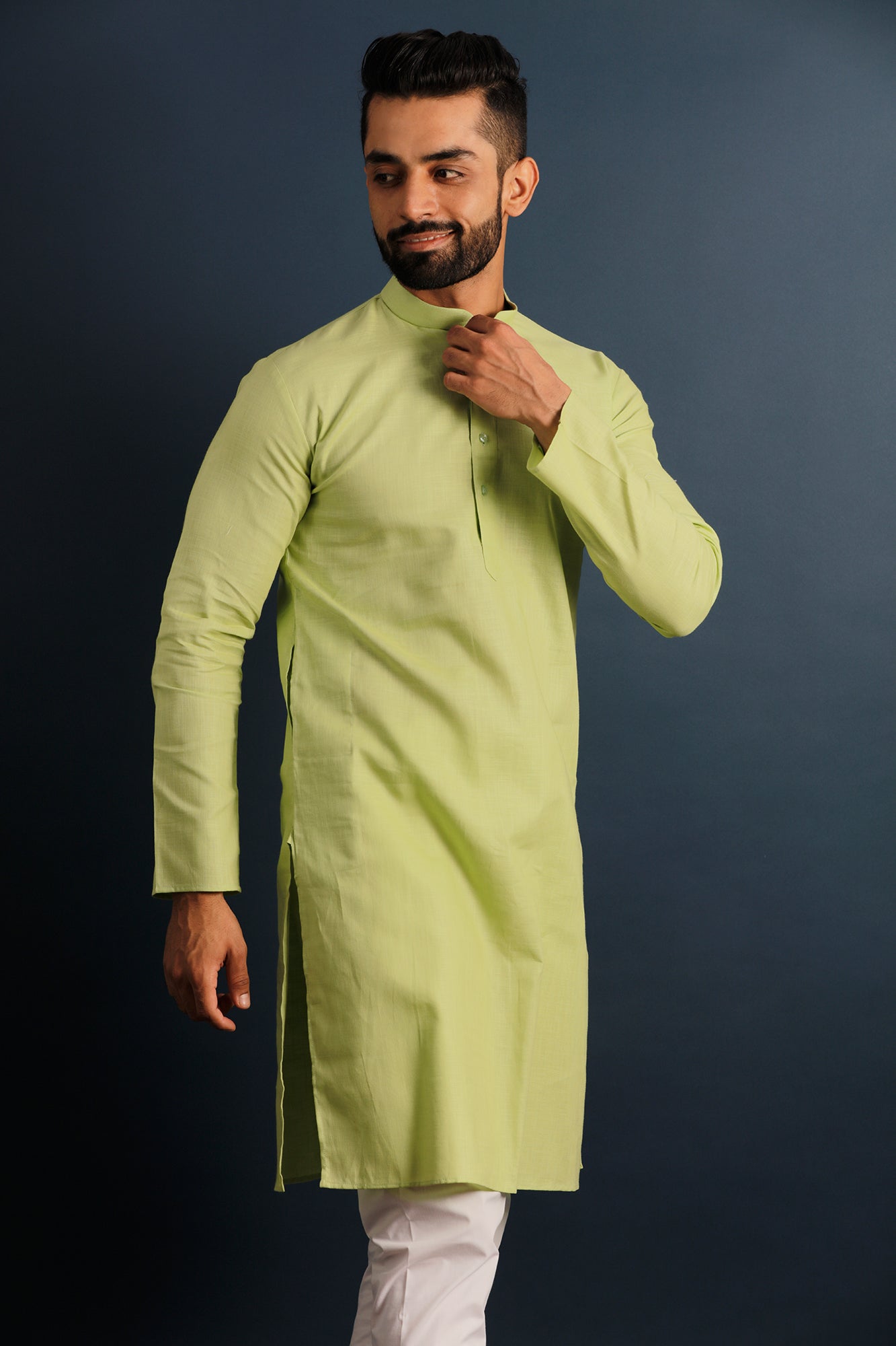 Men Fluorescent Green Thread Work Kurta