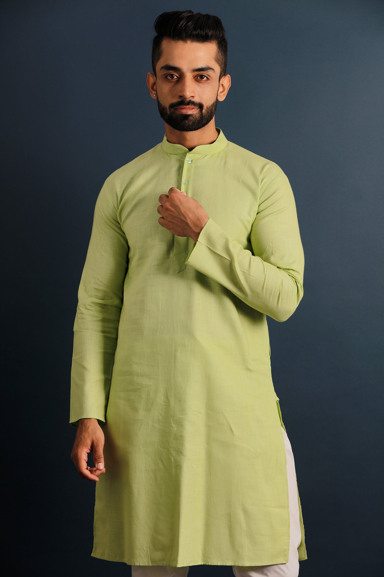 Men Fluorescent Green Thread Work Kurta