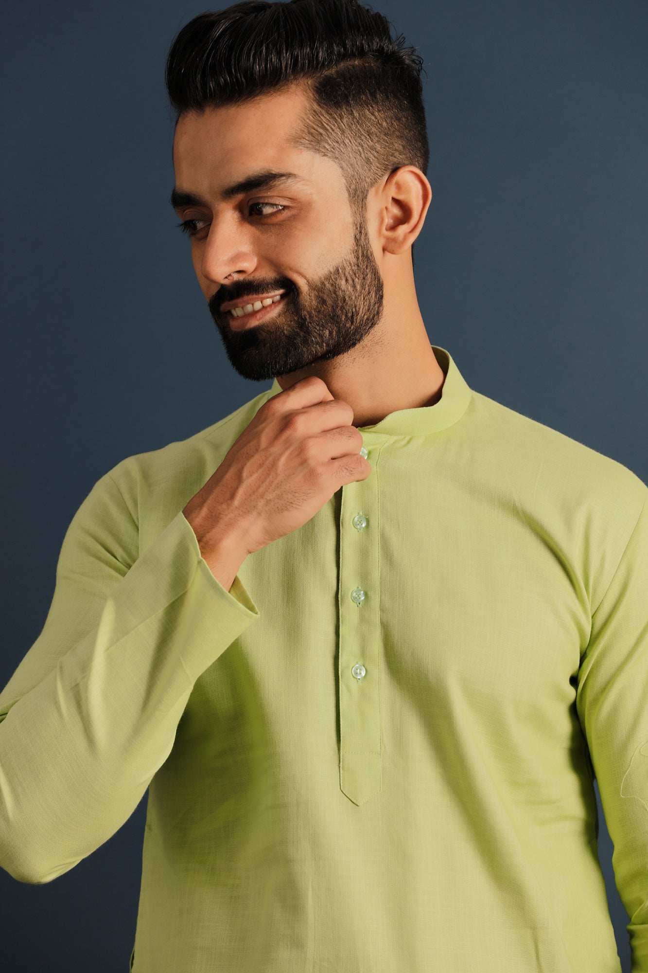 Men Fluorescent Green Thread Work Kurta