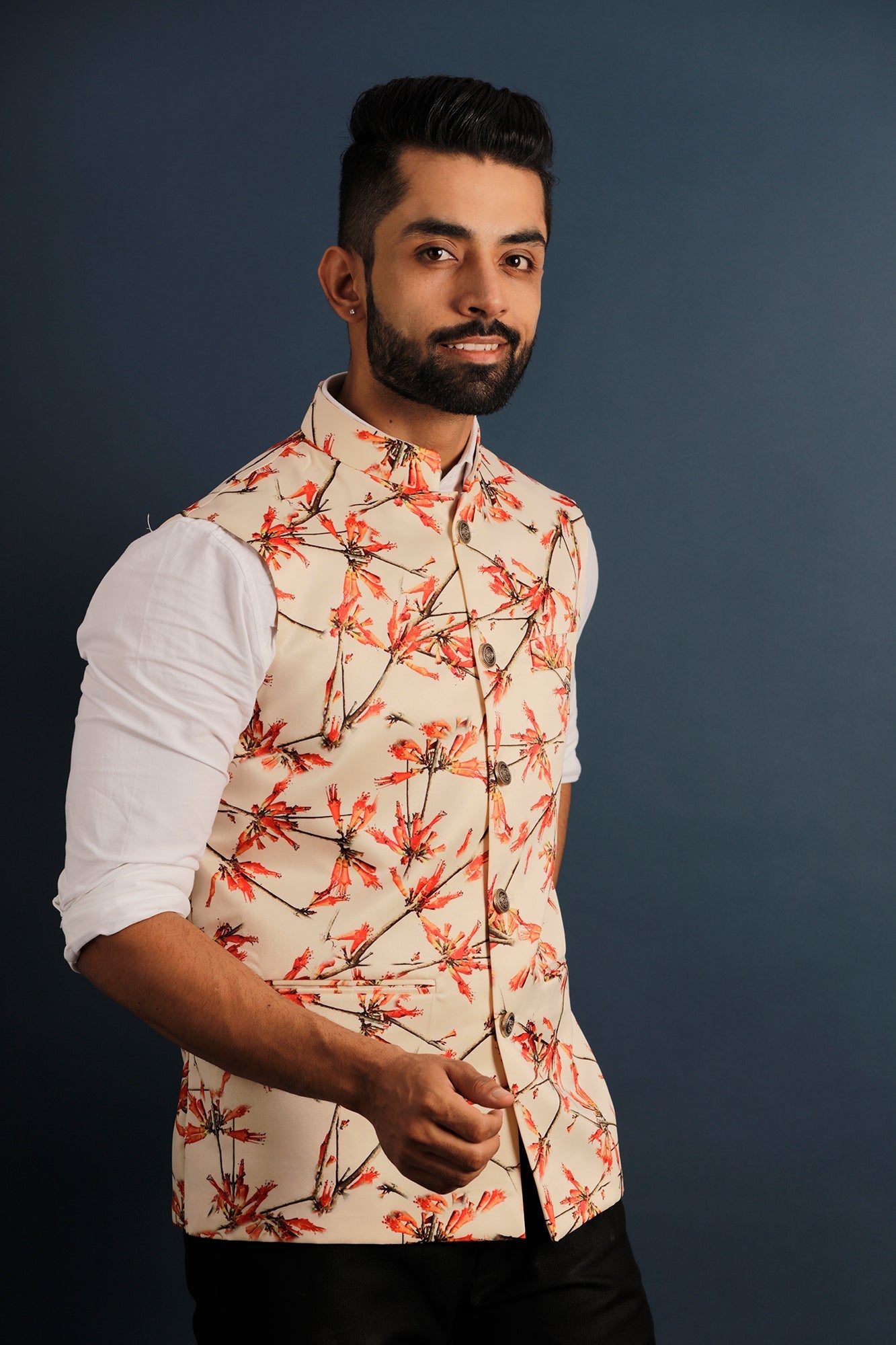 Printed Floral Beige Nehru Jacket