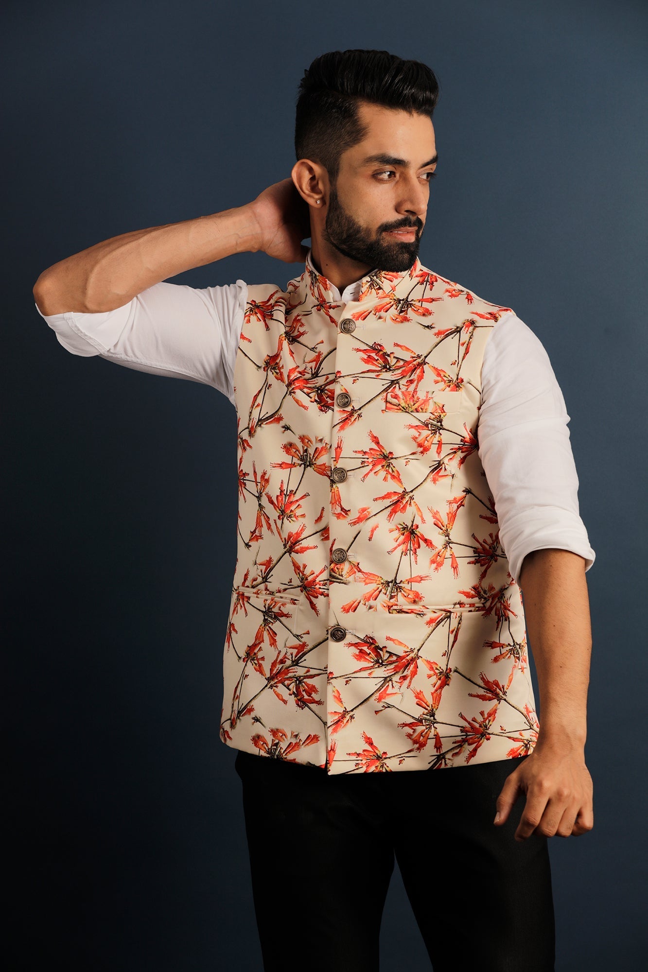 Printed Floral Beige Nehru Jacket