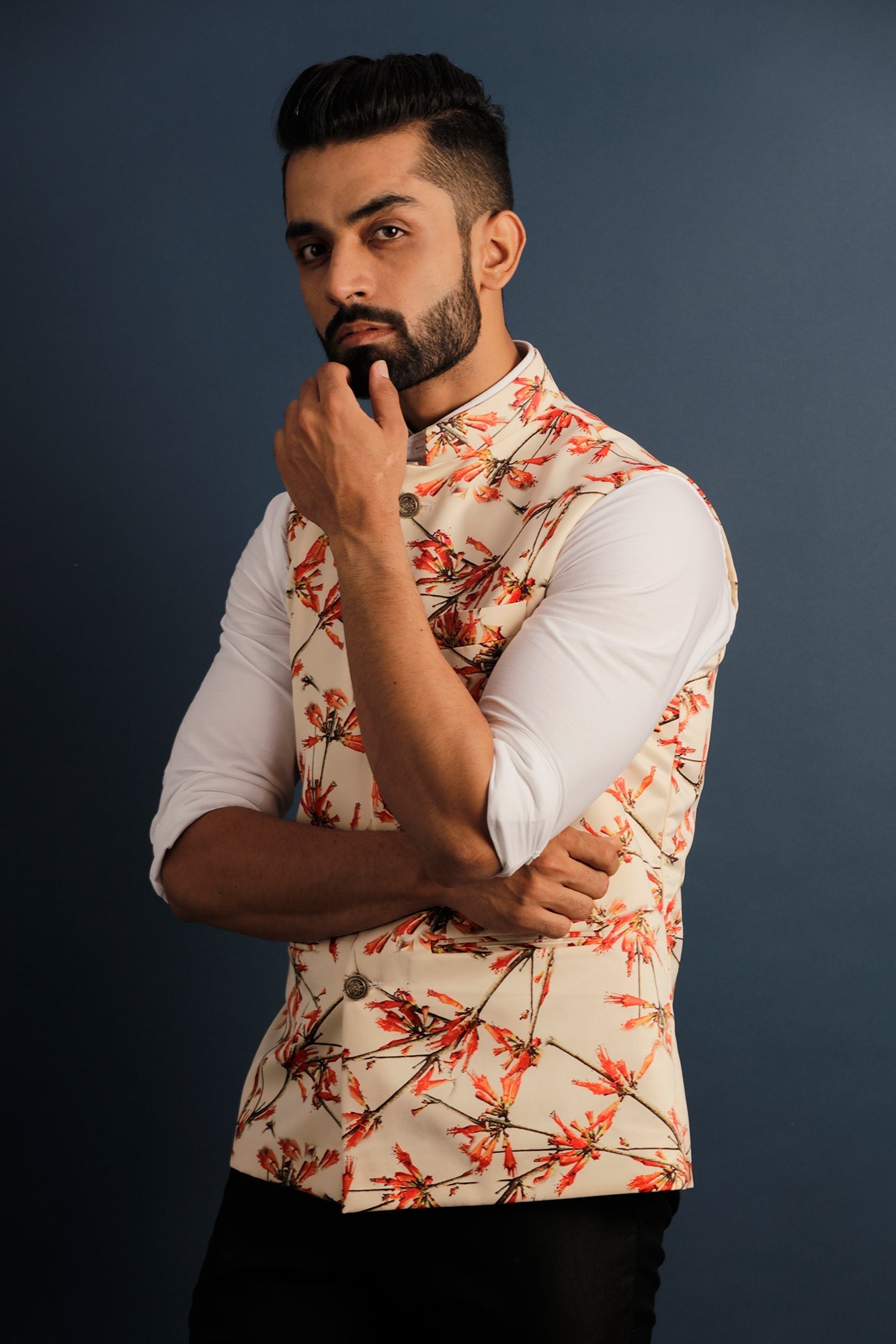 Printed Floral Beige Nehru Jacket