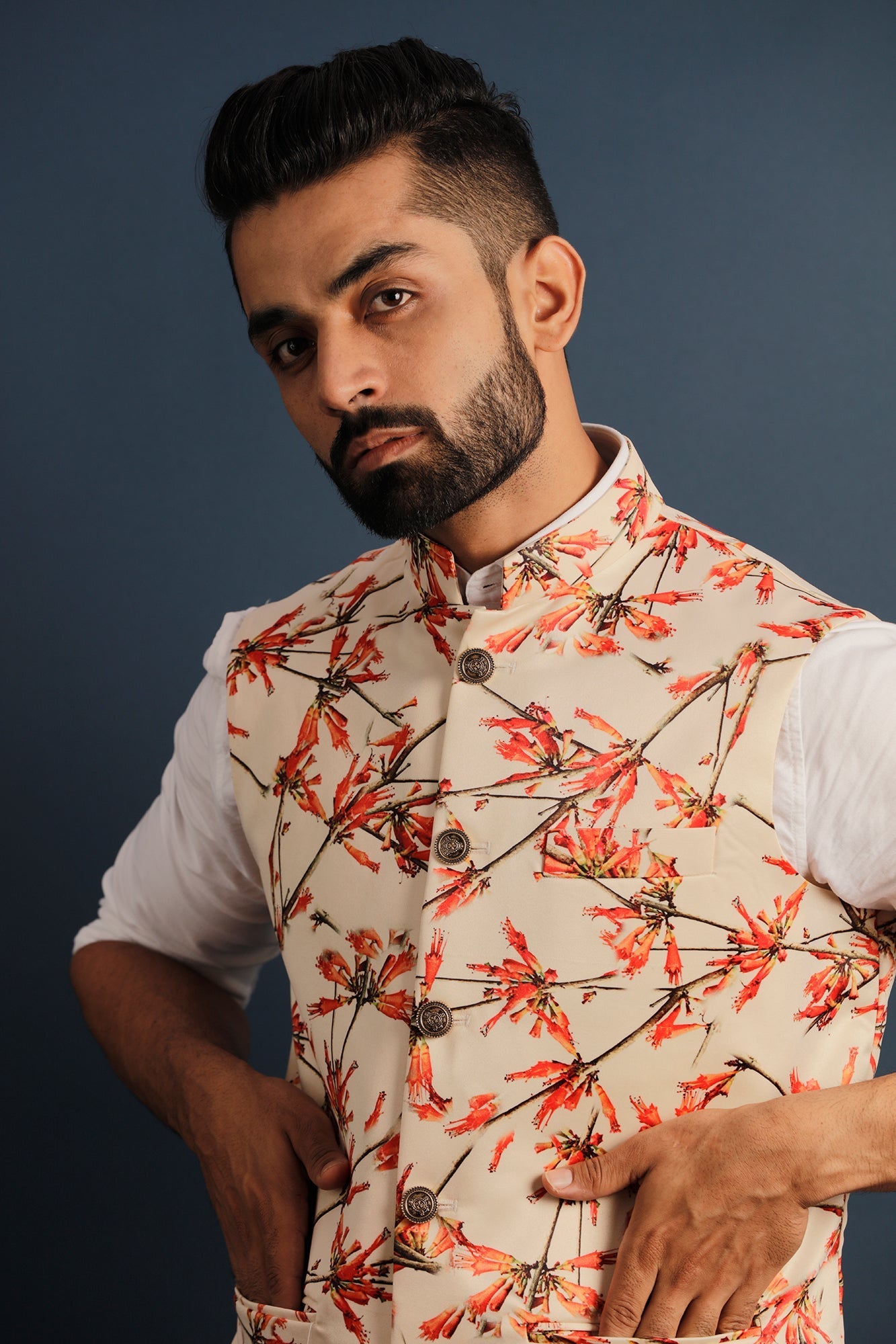 Printed Floral Beige Nehru Jacket