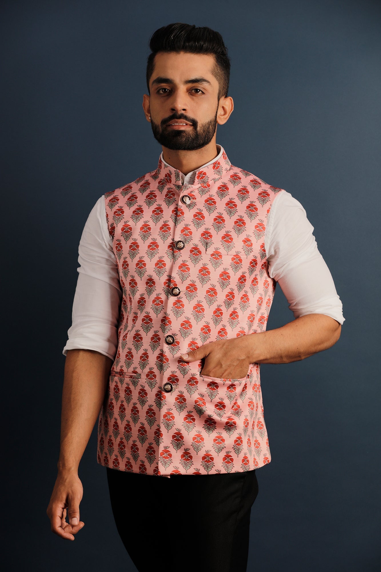 Printed Floral Pink Nehru Jacket