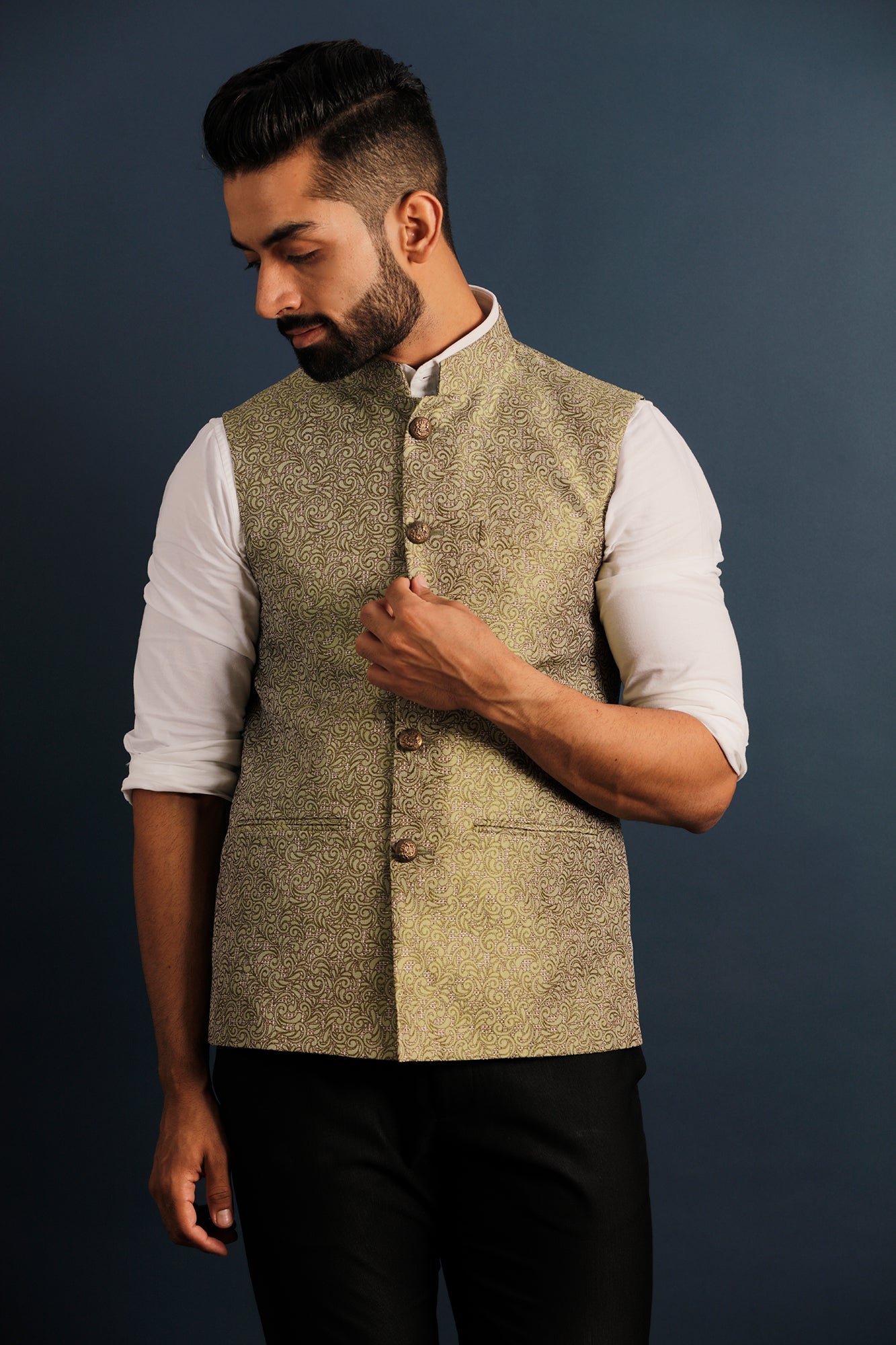 Printed Green Nehru Jacket