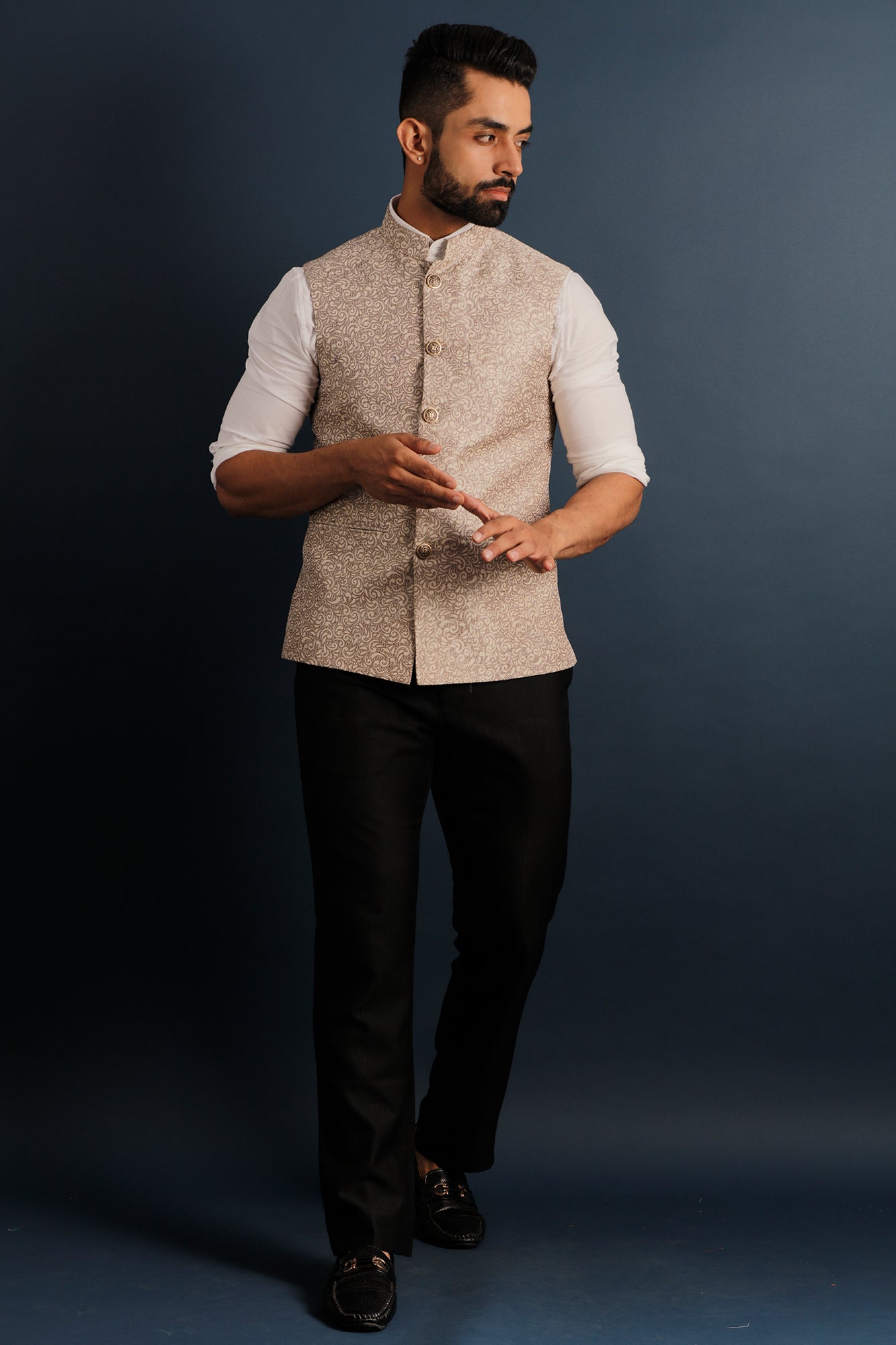 Printed Beige Nehru Jacket