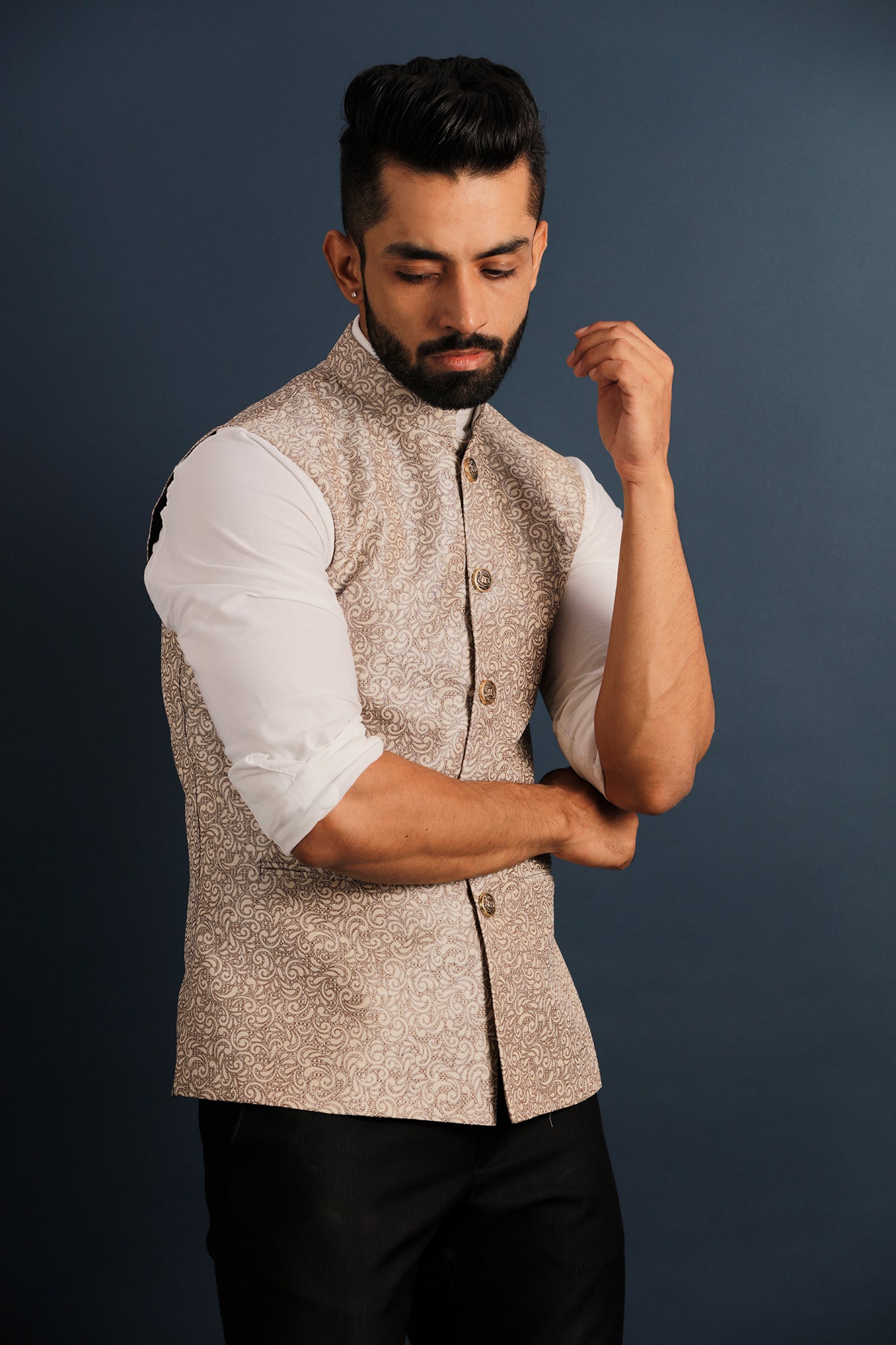 Printed Beige Nehru Jacket