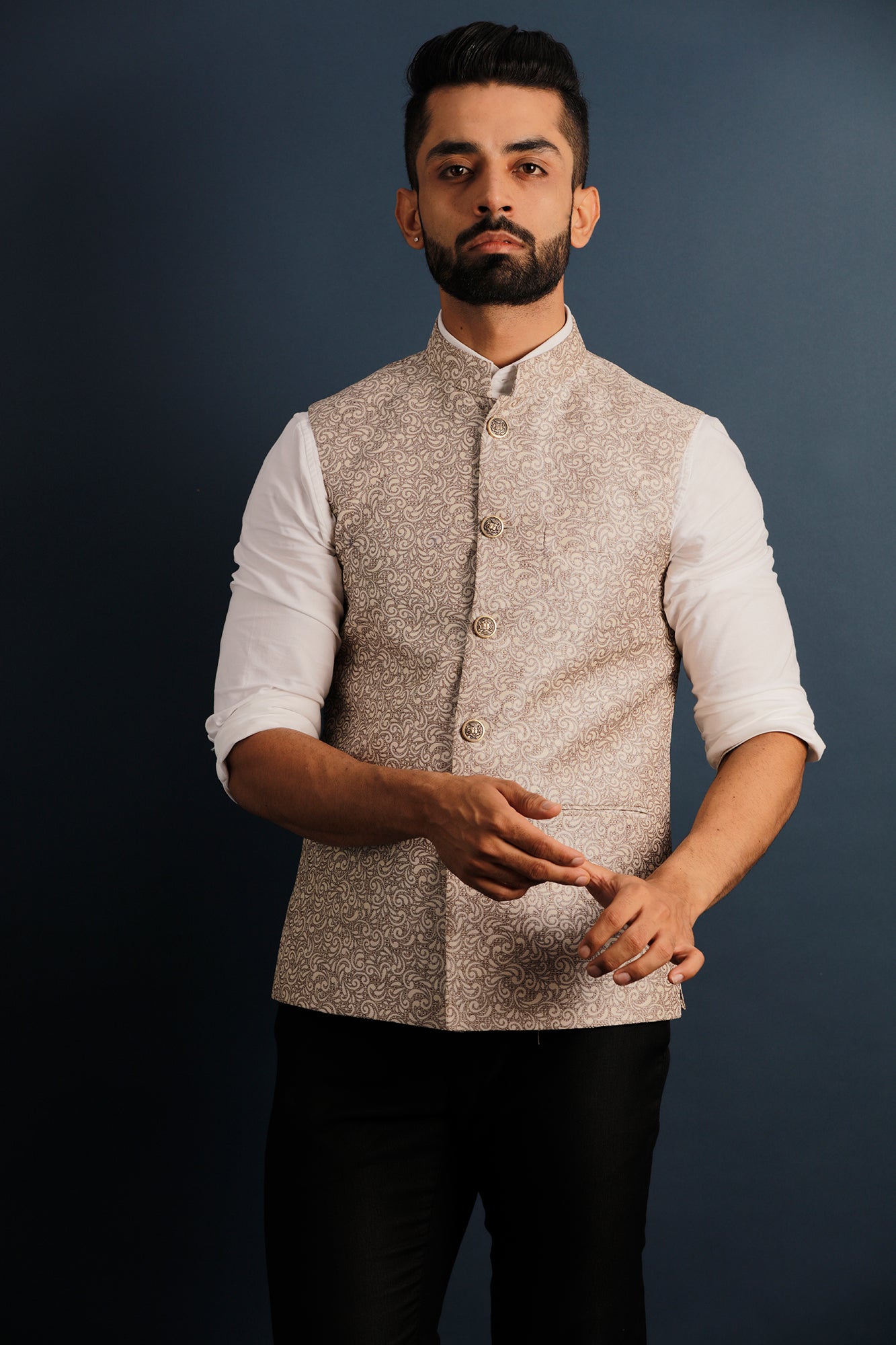 Printed Beige Nehru Jacket