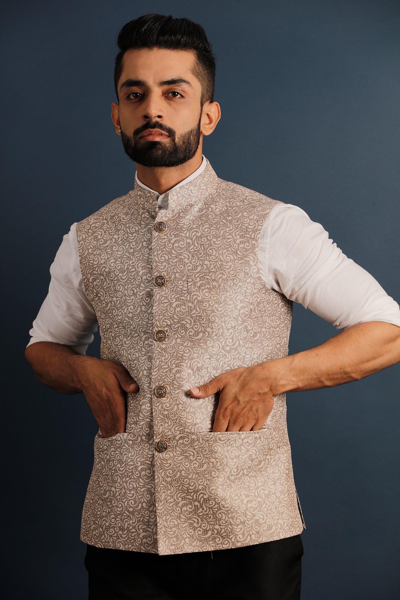 Printed Beige Nehru Jacket