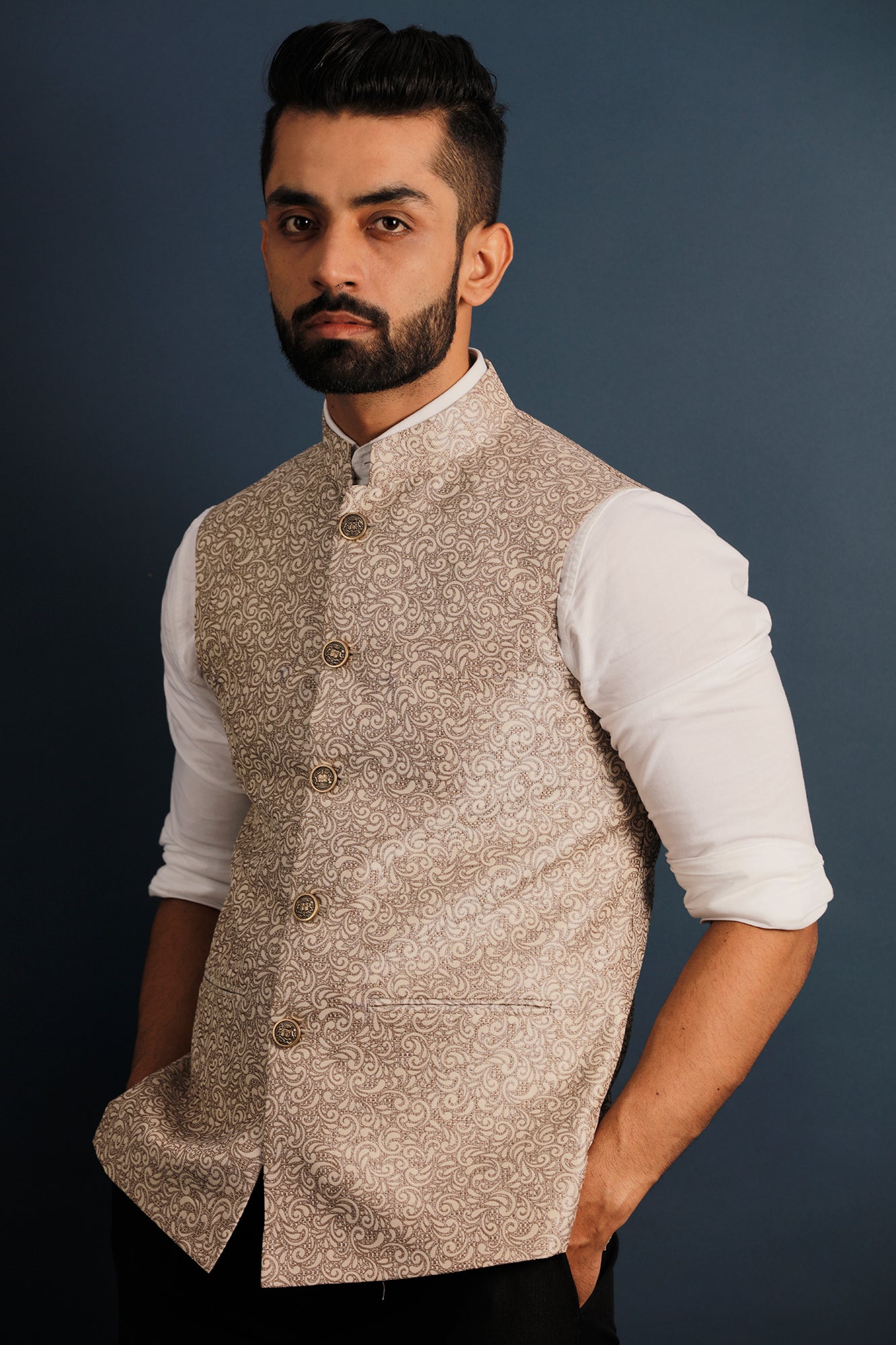 Printed Beige Nehru Jacket