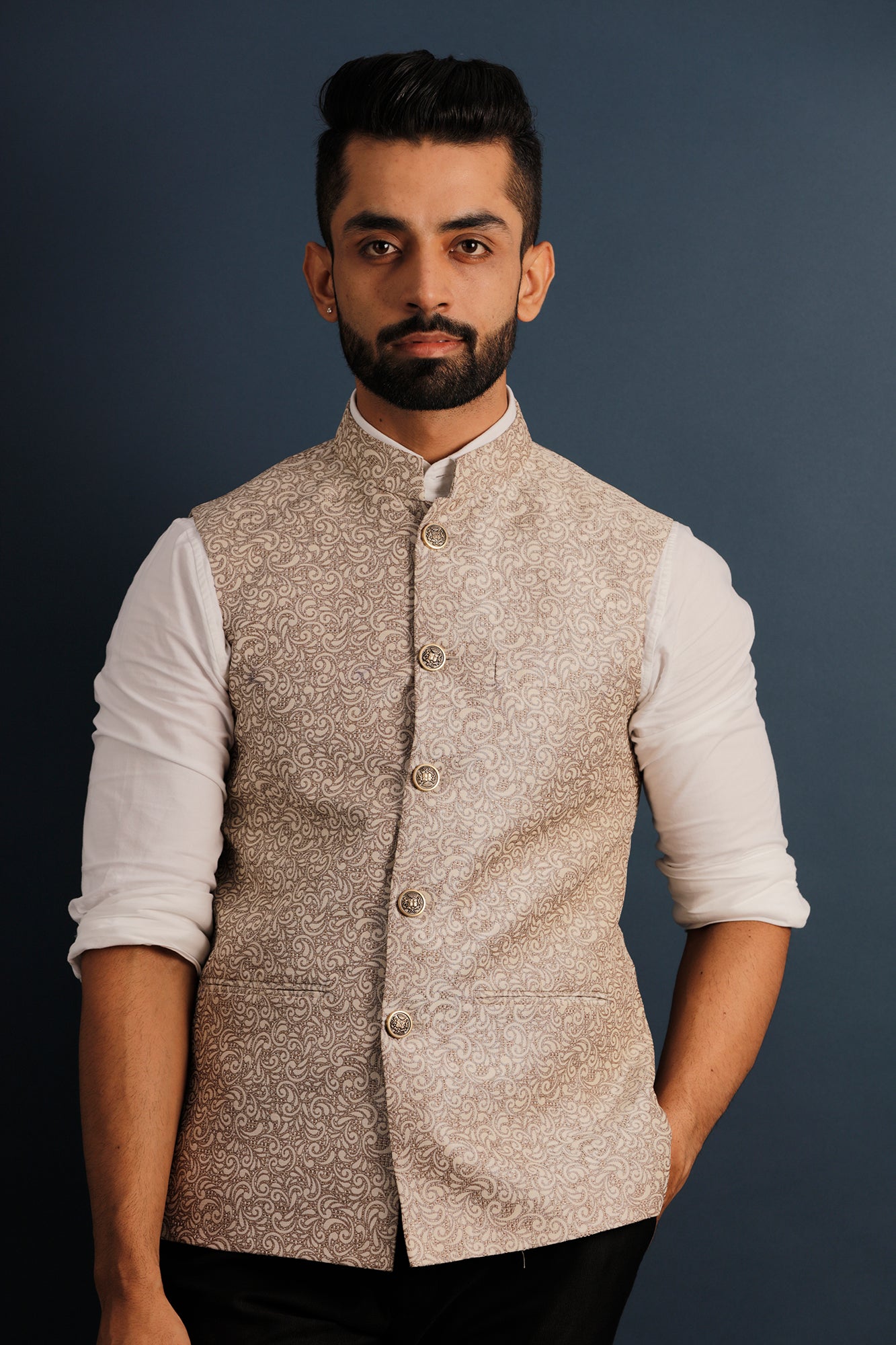 Printed Beige Nehru Jacket