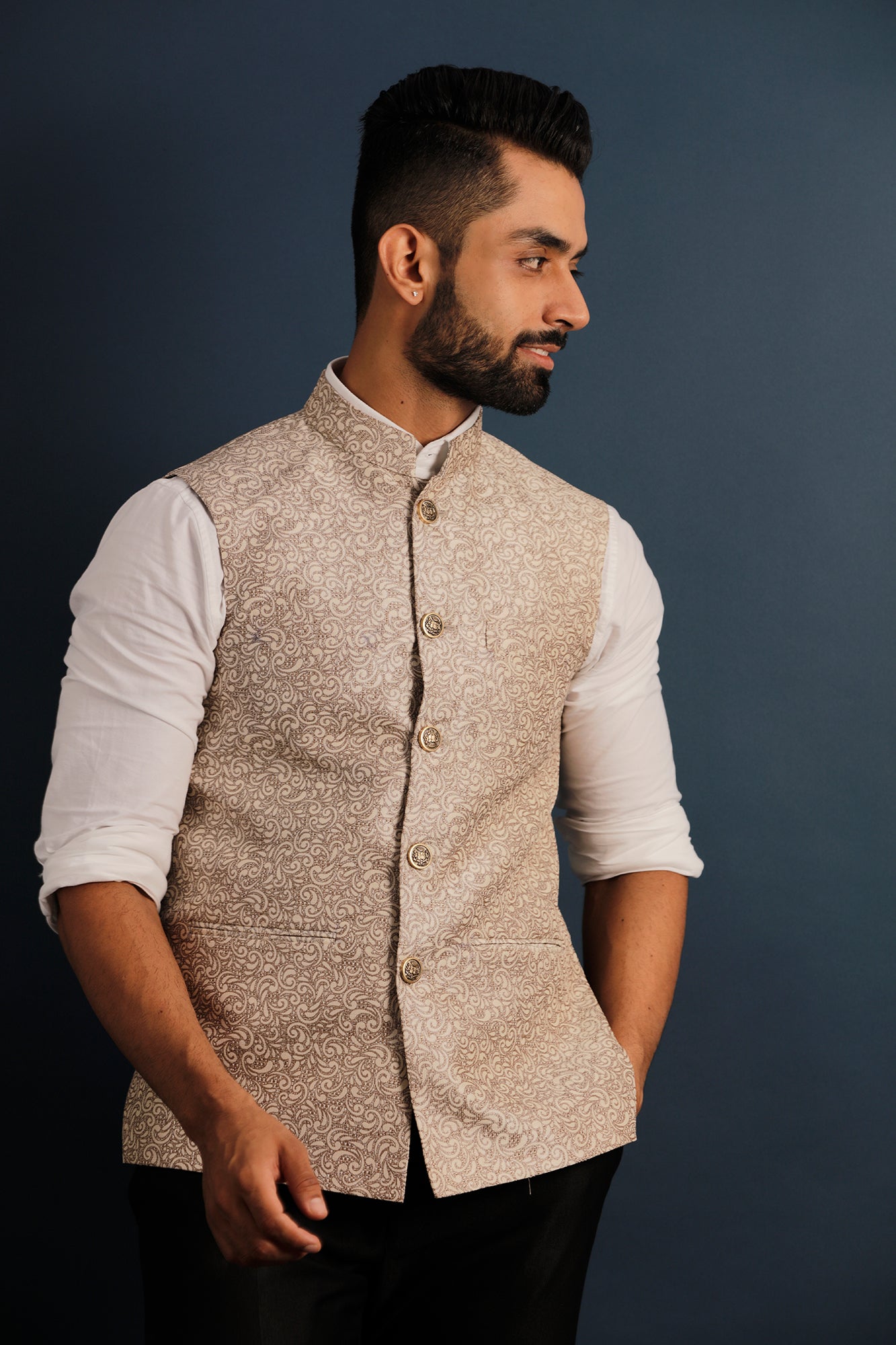 Printed Beige Nehru Jacket