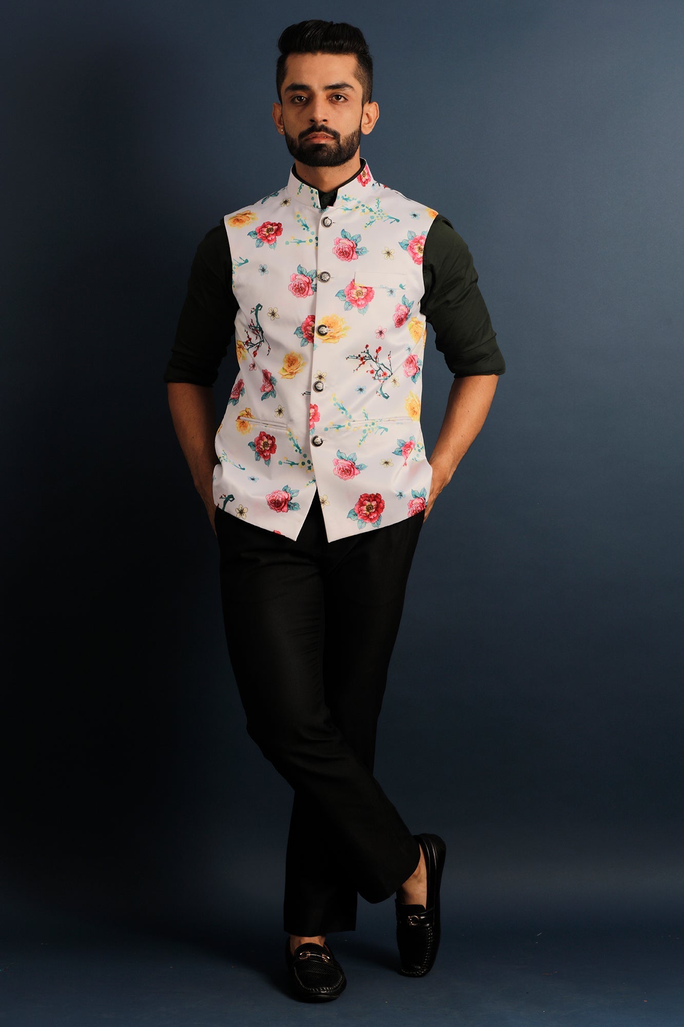 Printed Floral White Nehru Jacket