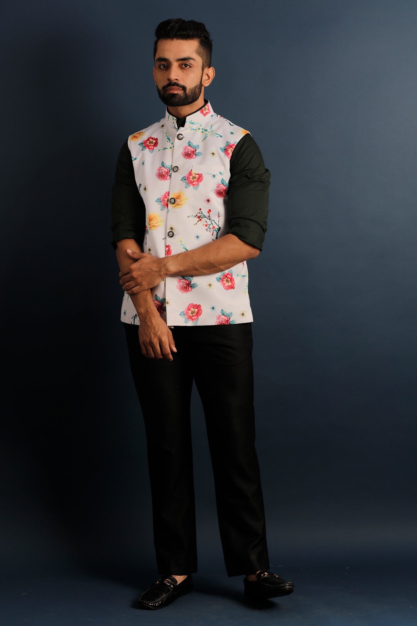 Printed Floral White Nehru Jacket