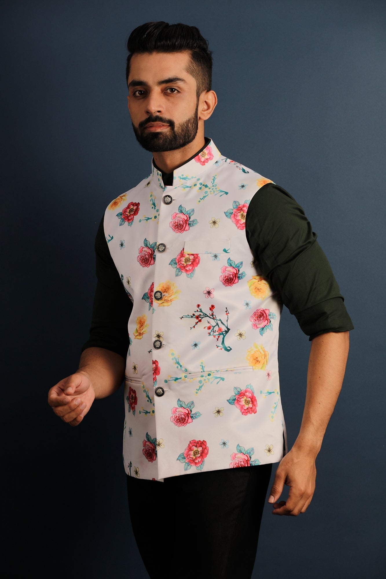 Printed Floral White Nehru Jacket