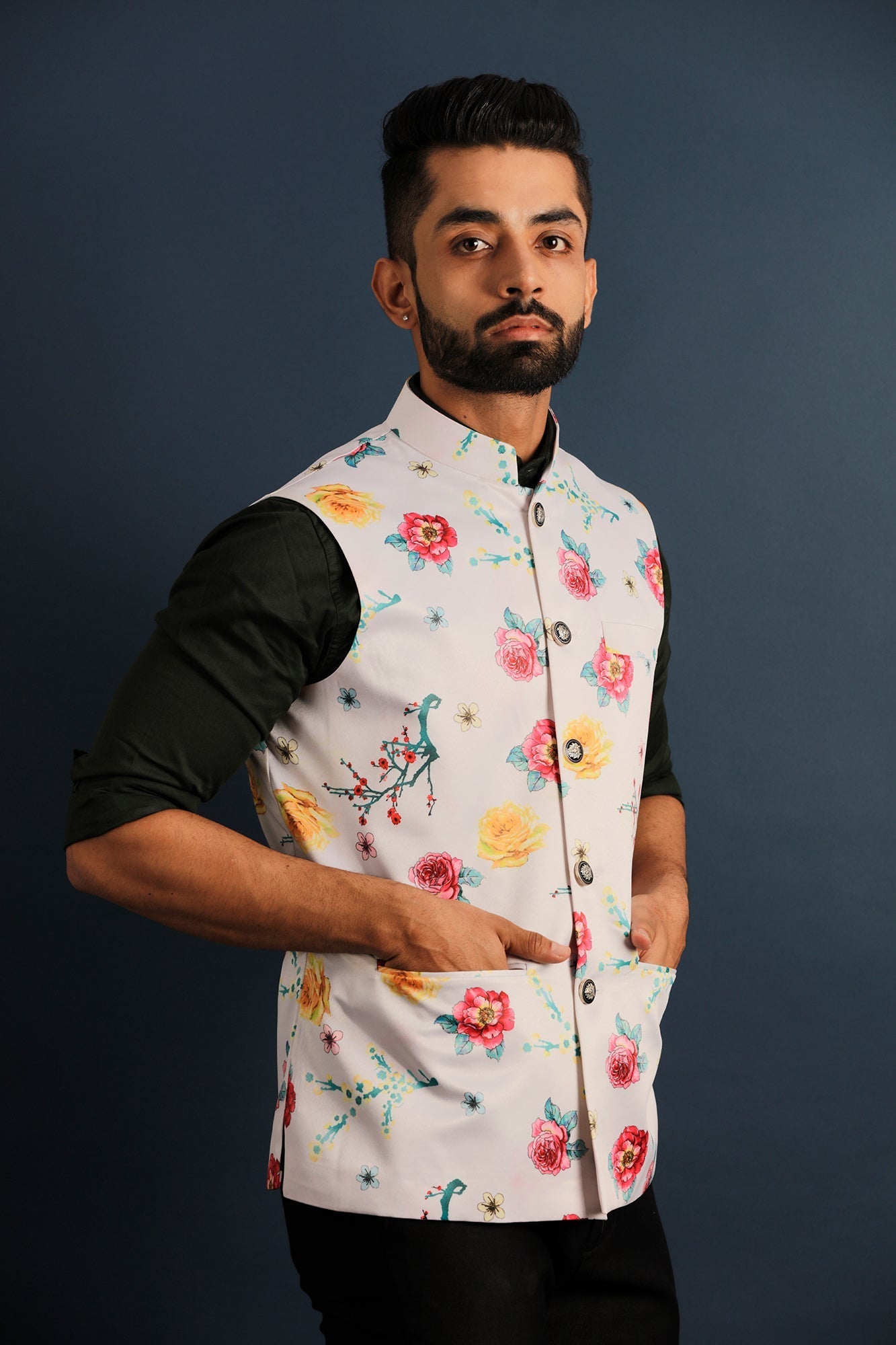 Printed Floral White Nehru Jacket