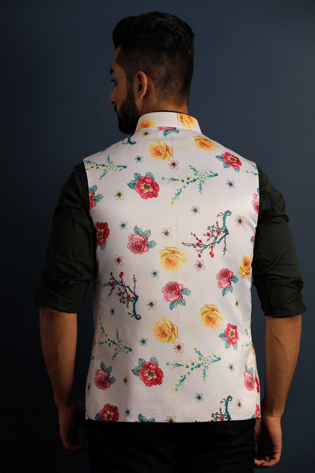 Printed Floral White Nehru Jacket