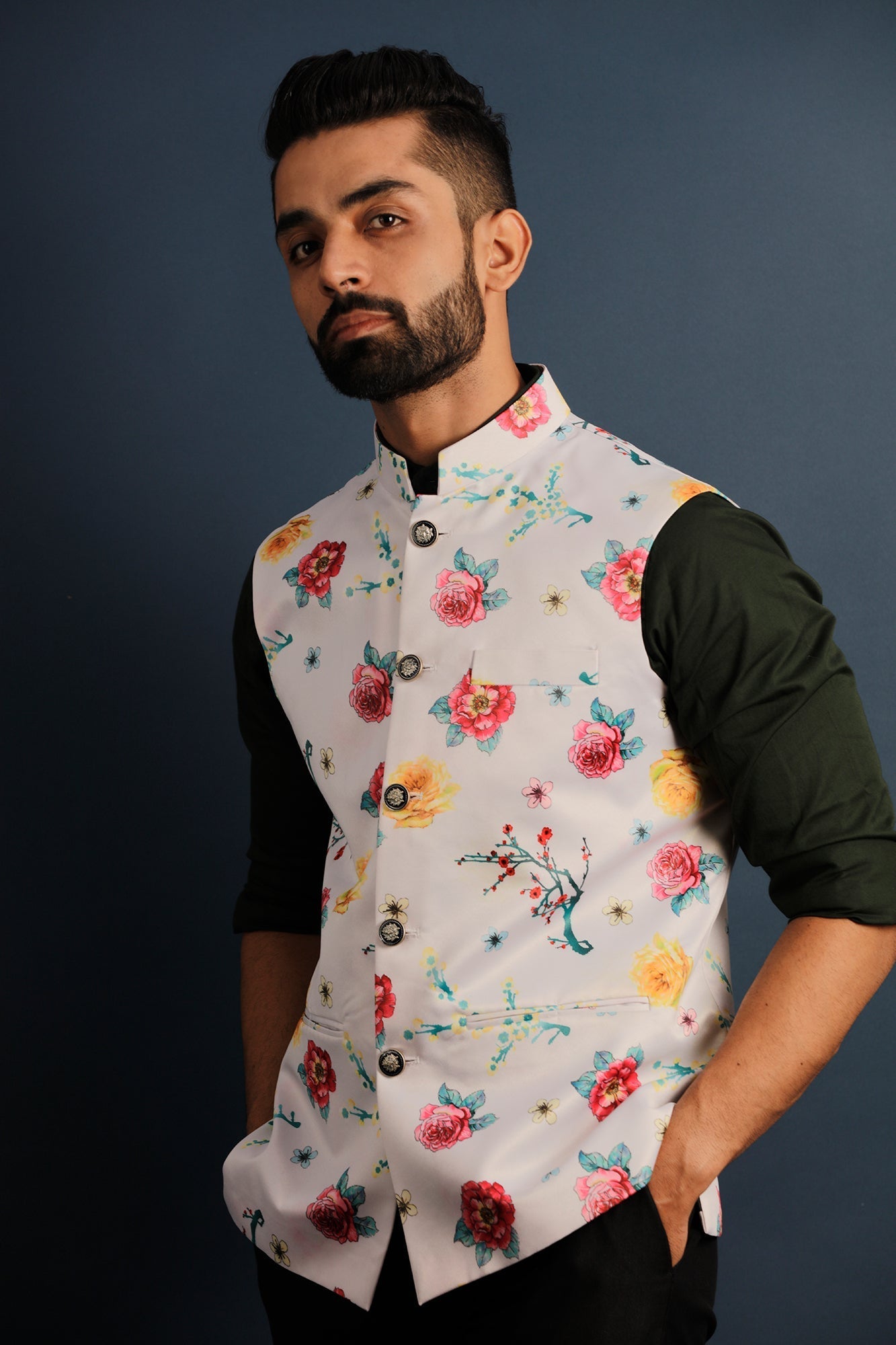 Printed Floral White Nehru Jacket