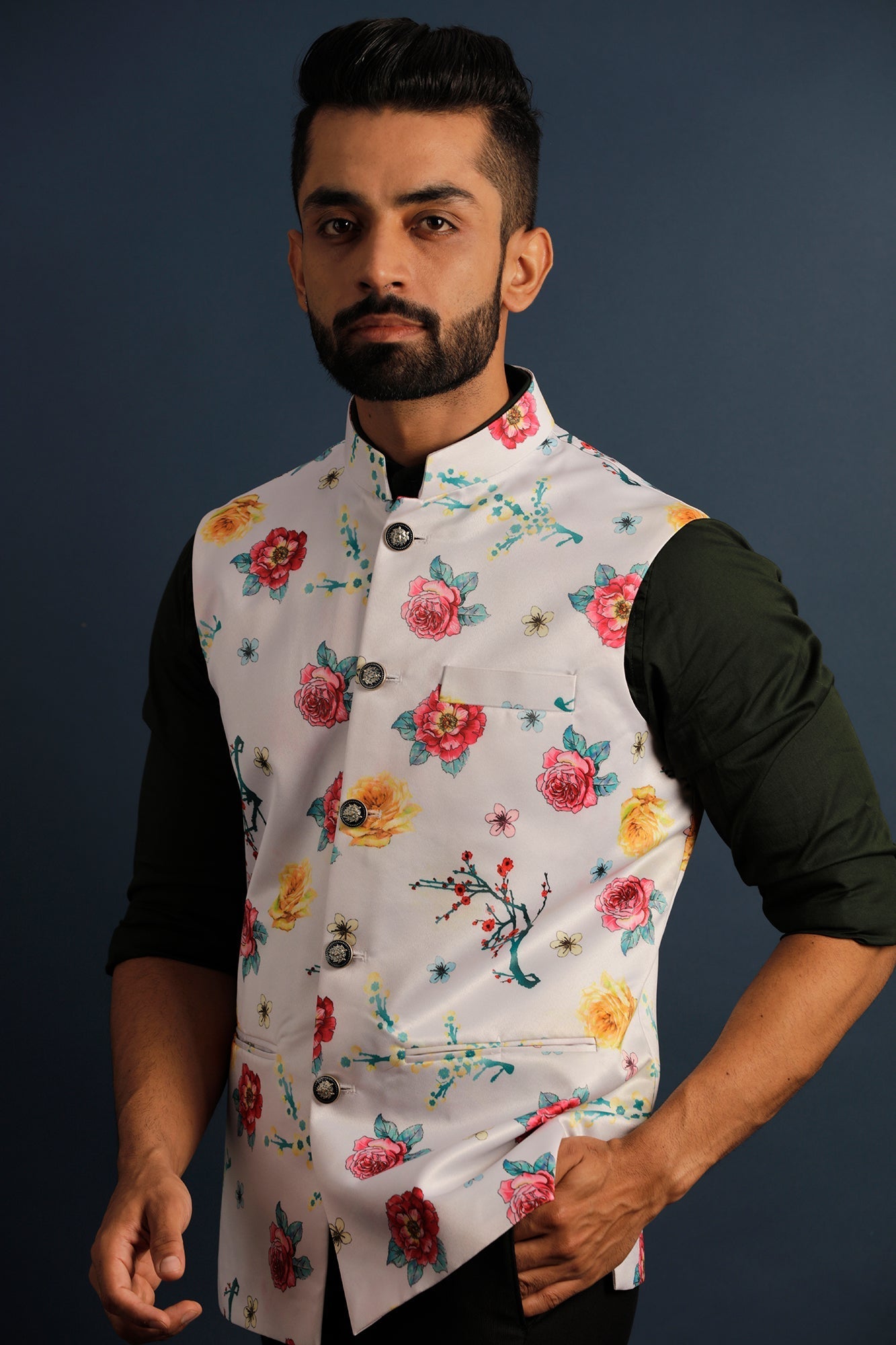 Printed Floral White Nehru Jacket