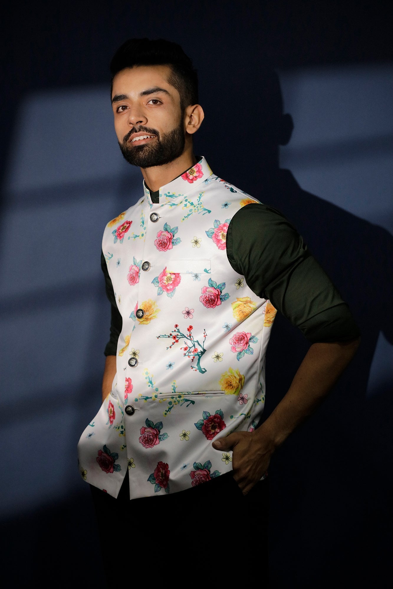 Printed Floral White Nehru Jacket