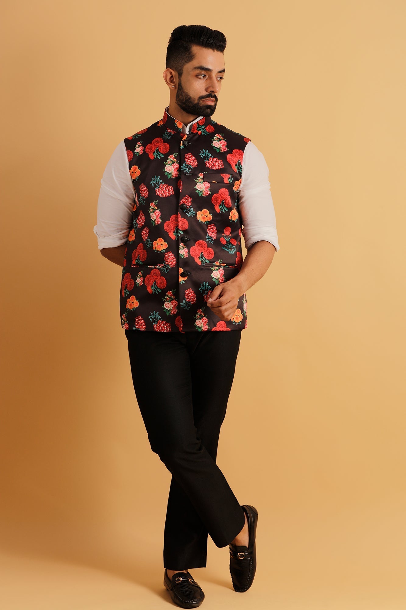 Printed Floral Black Nehru Jacket