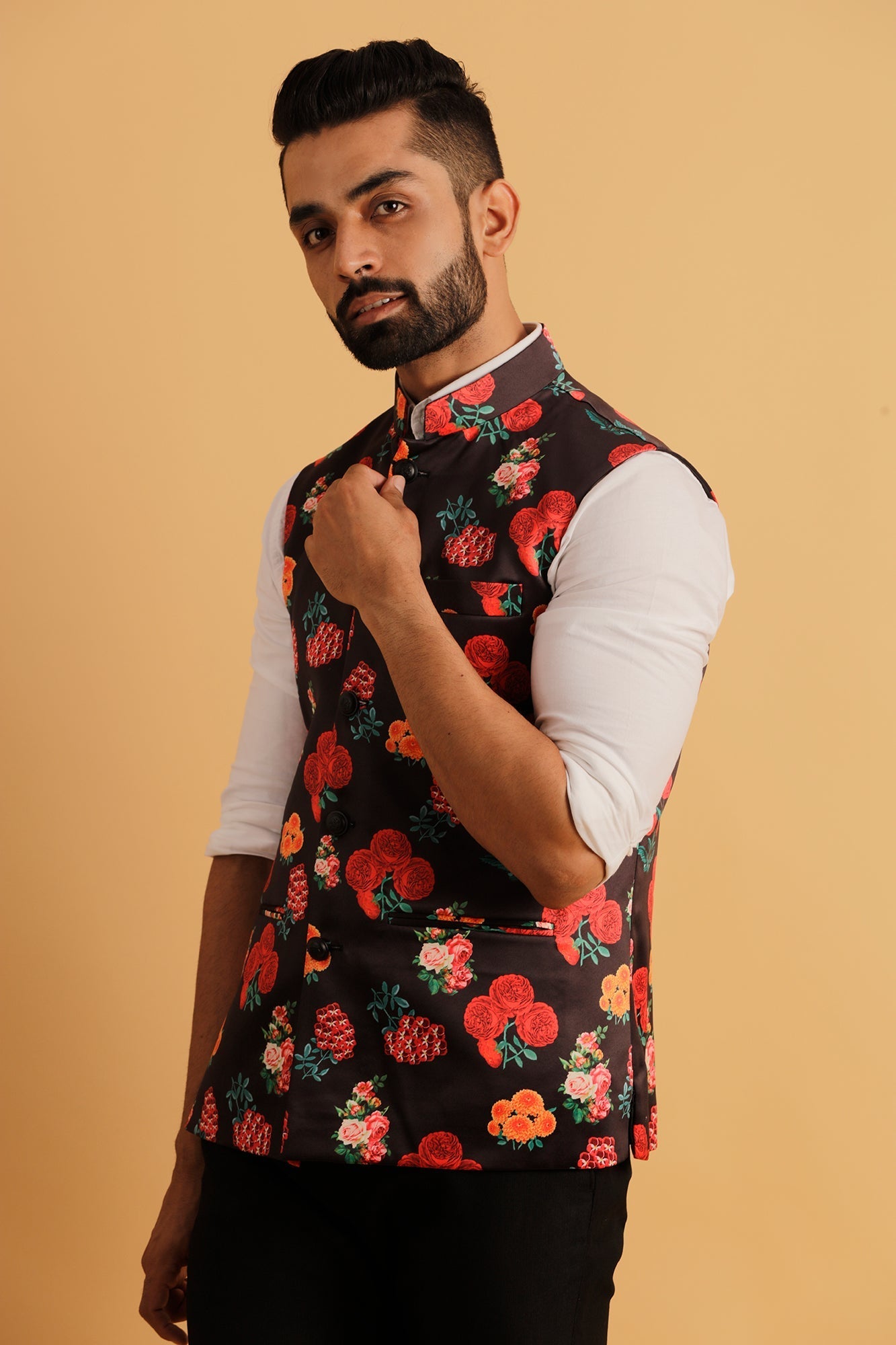 Printed Floral Black Nehru Jacket