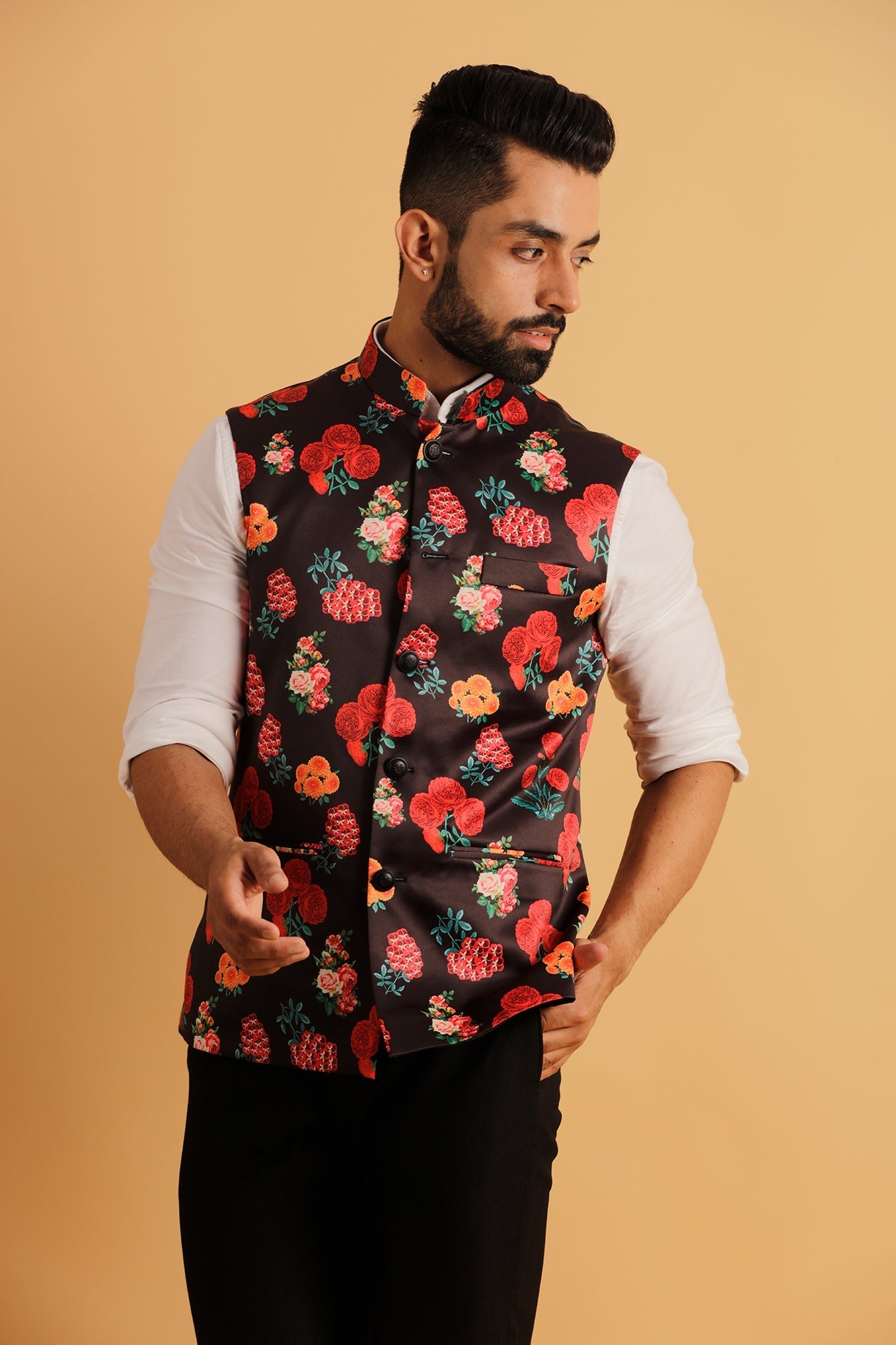 Printed Floral Black Nehru Jacket