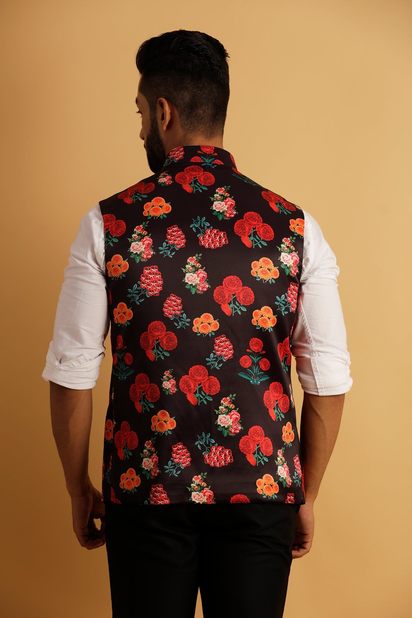 Printed Floral Black Nehru Jacket