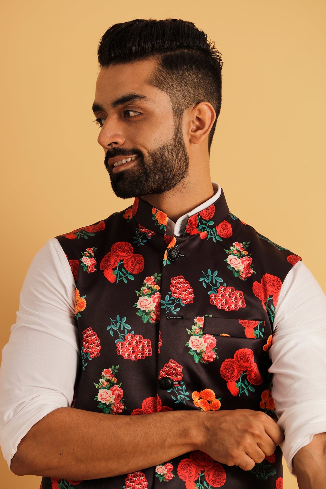 Printed Floral Black Nehru Jacket