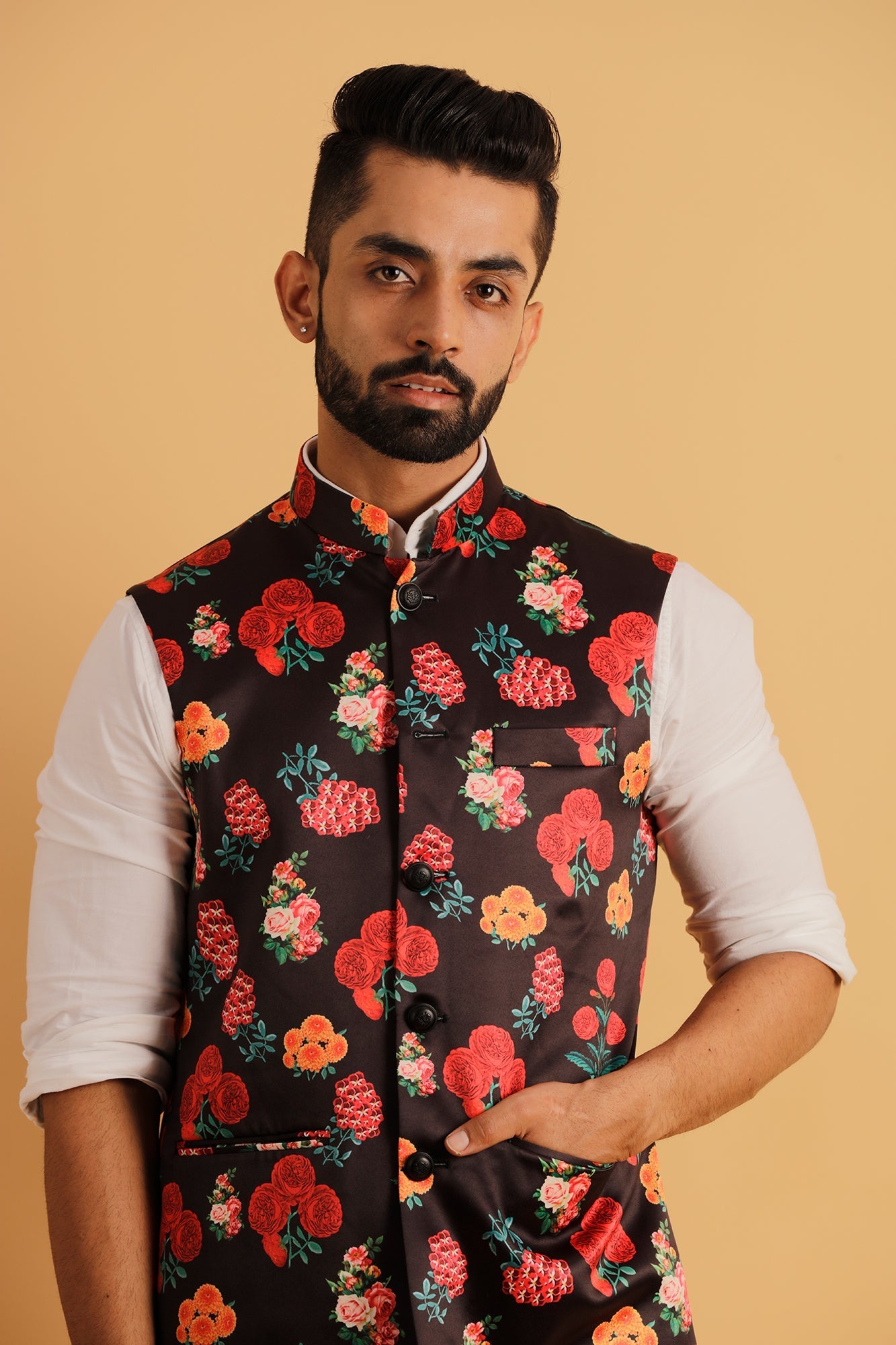 Printed Floral Black Nehru Jacket