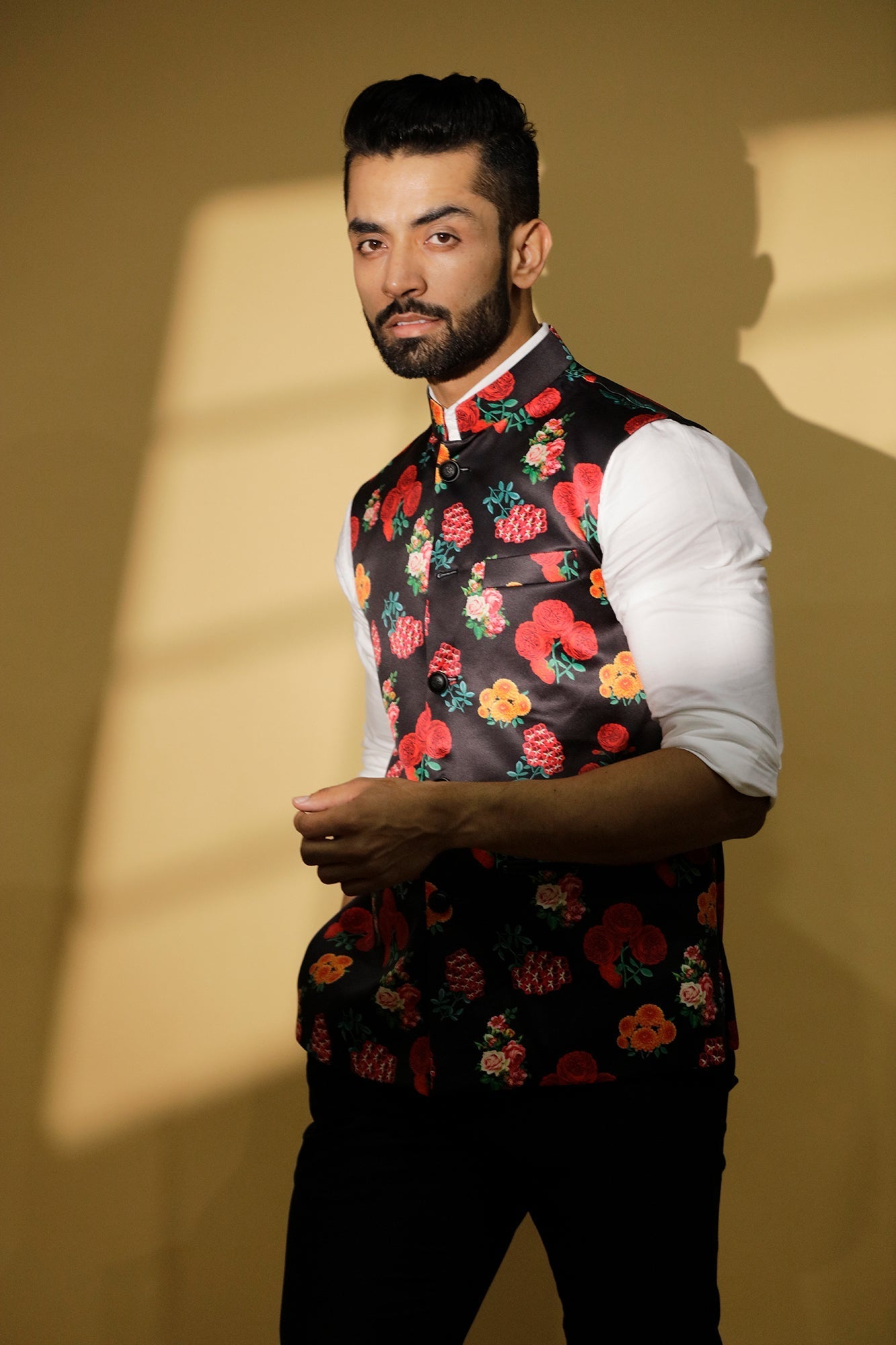 Printed Floral Black Nehru Jacket