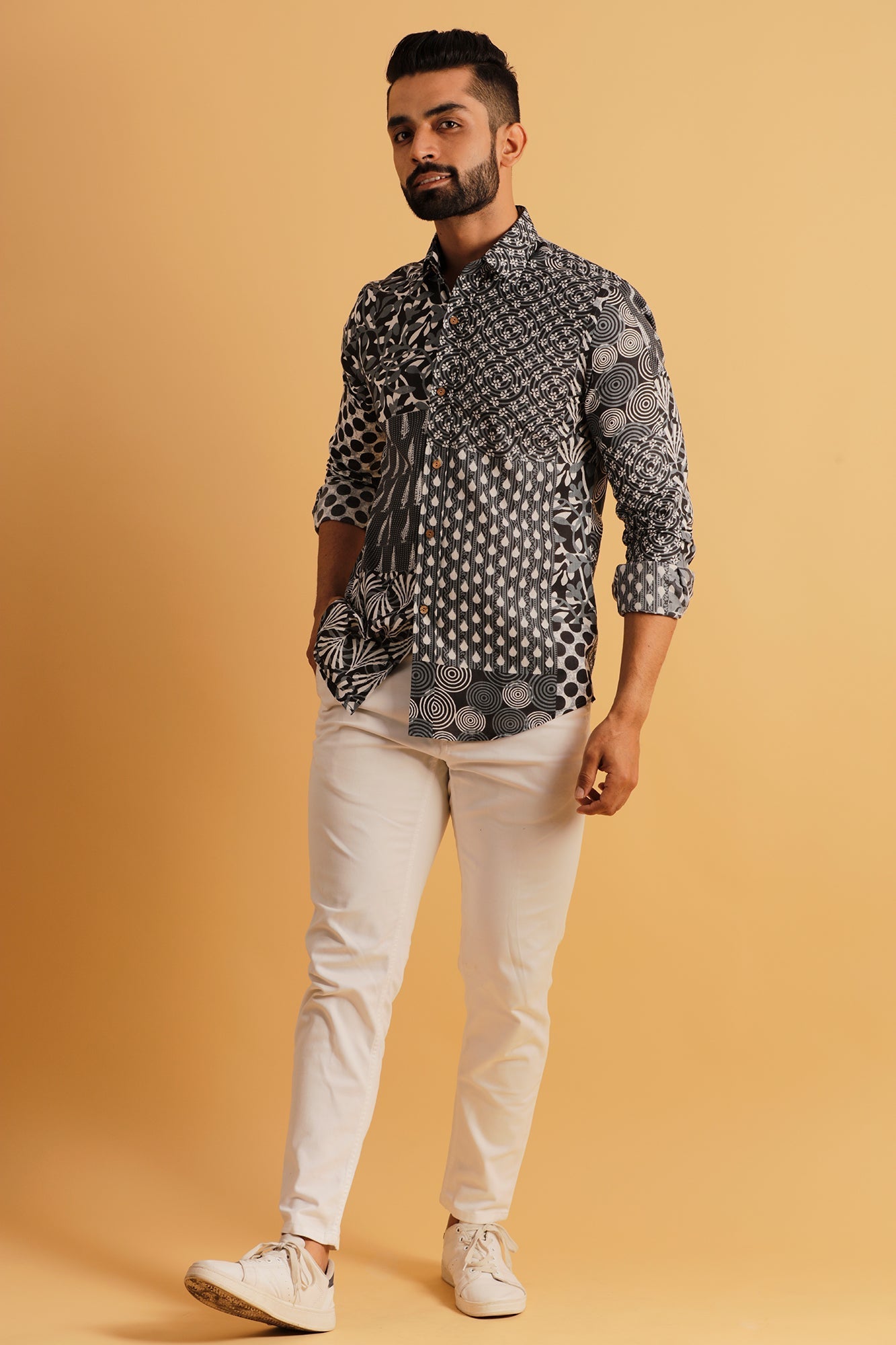 Printed Patch Work Blue Shirt