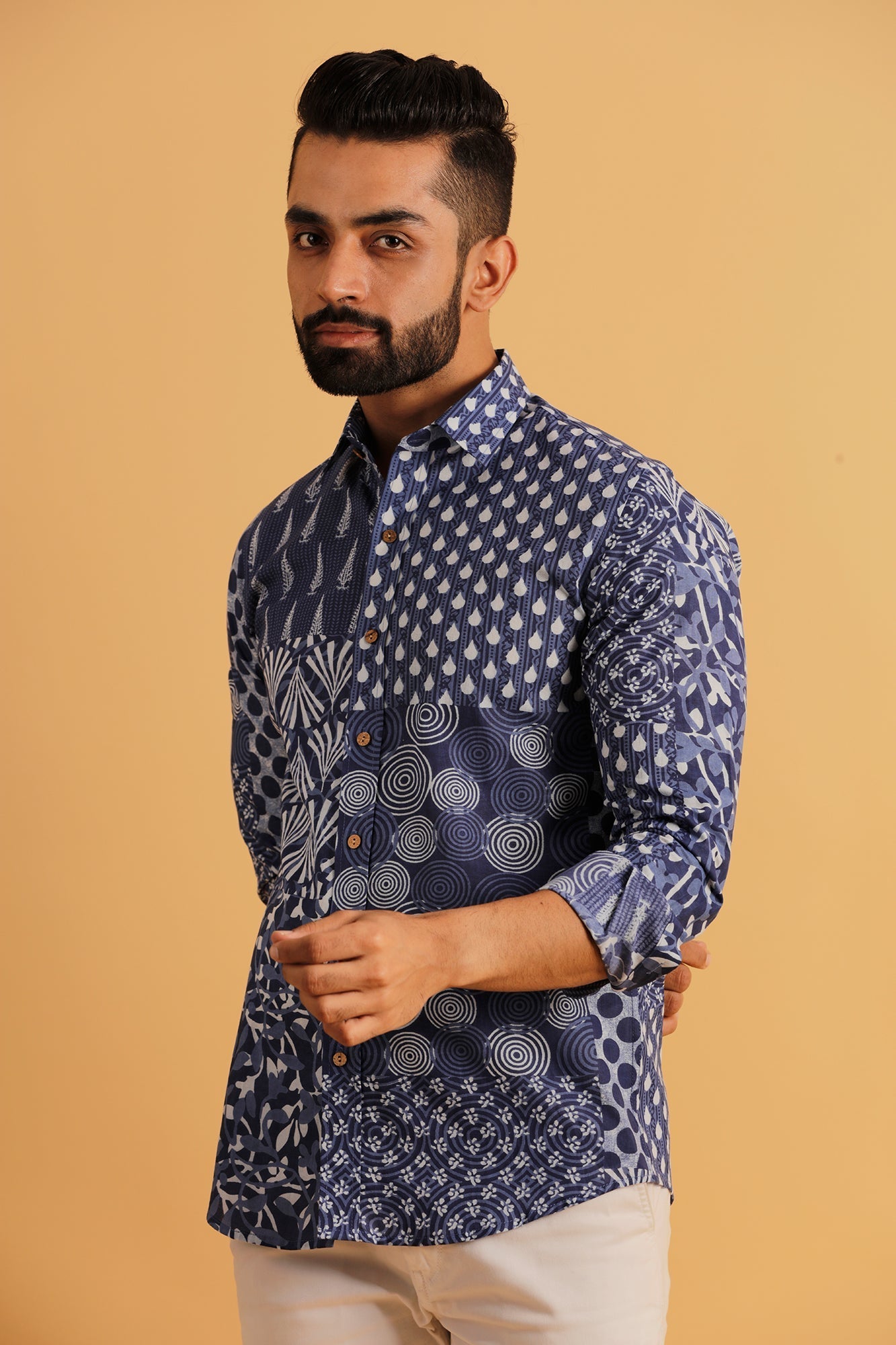 Printed Patch Work Blue Shirt