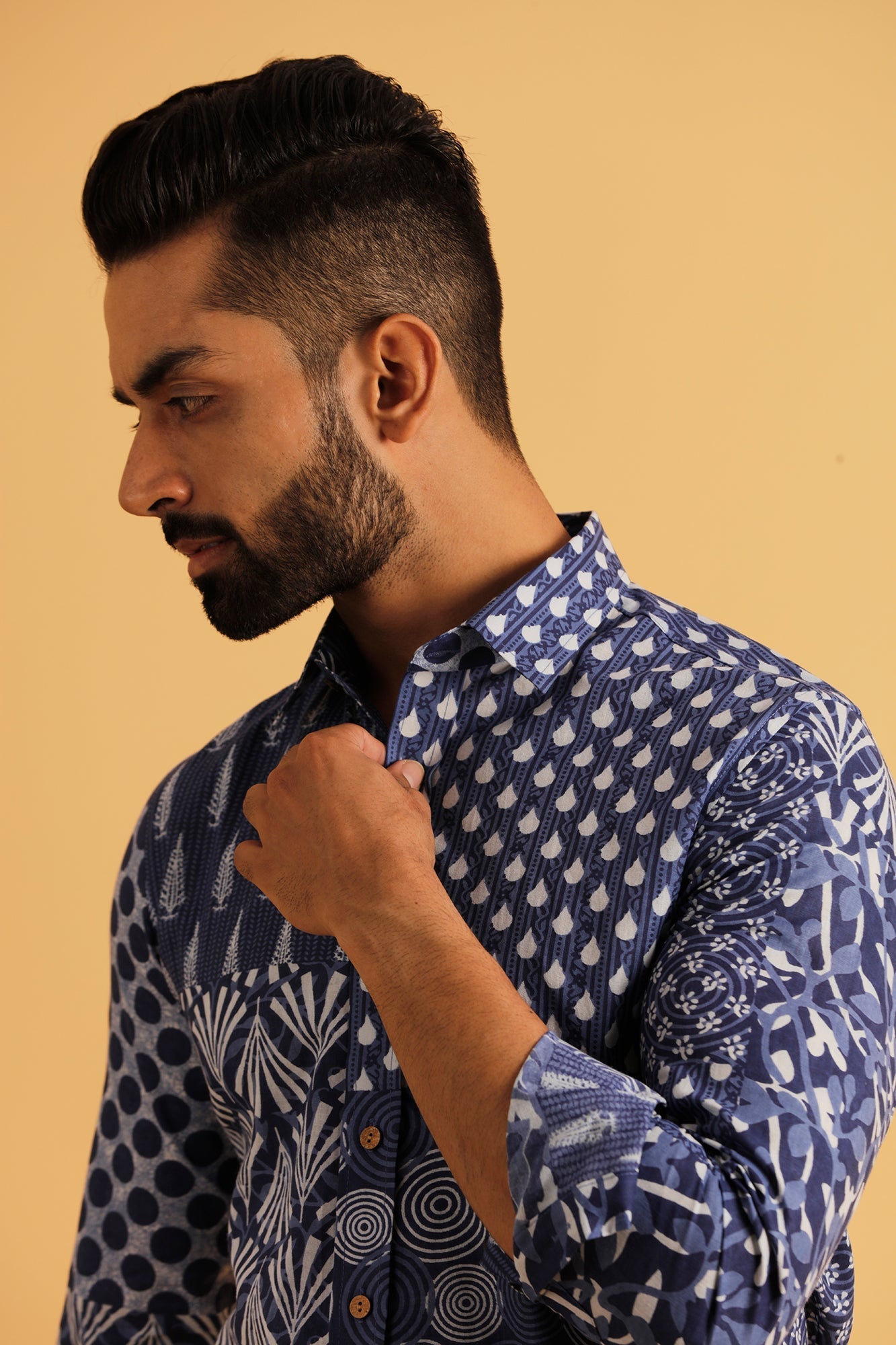 Printed Patch Work Blue Shirt