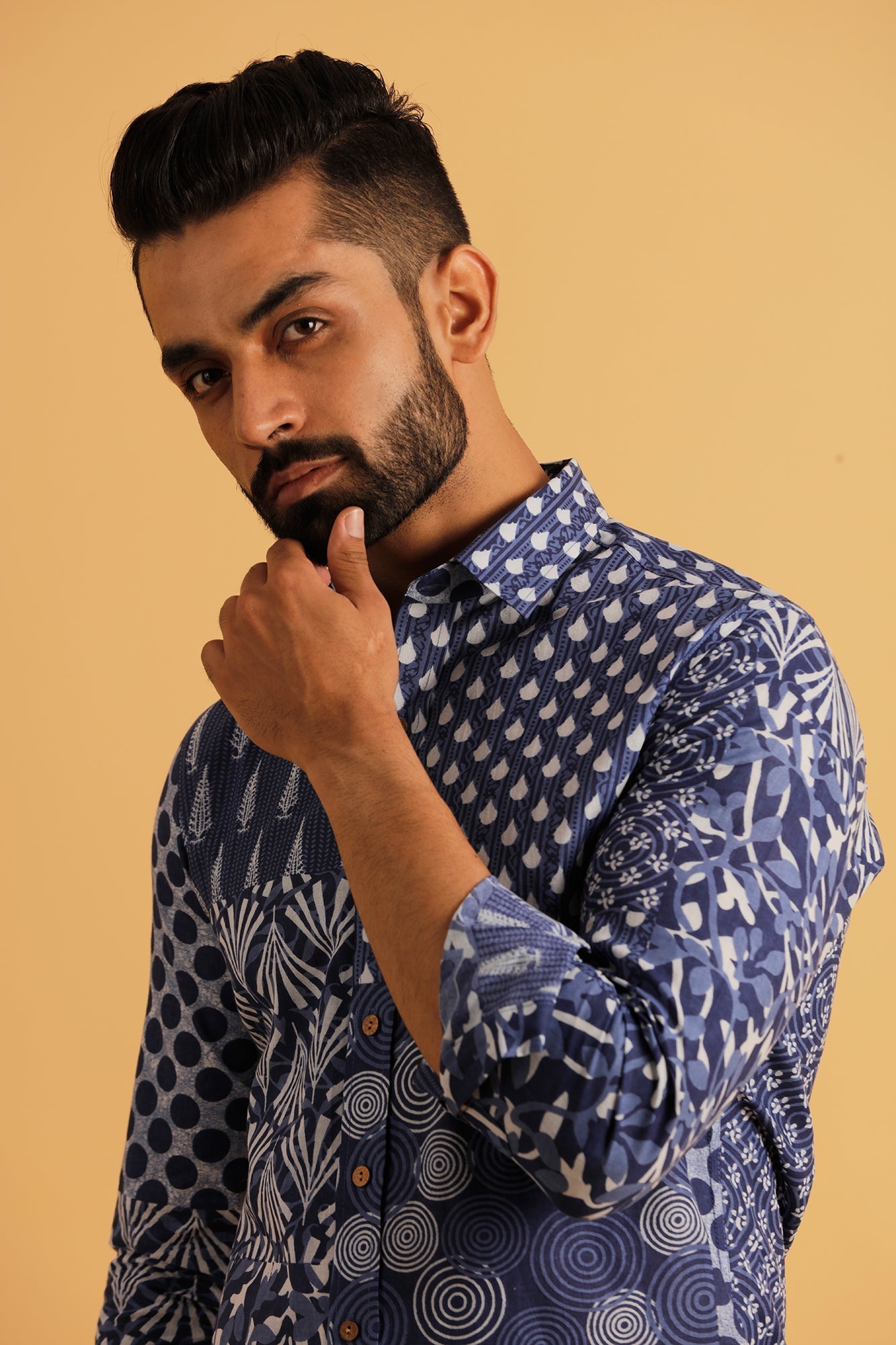 Printed Patch Work Blue Shirt