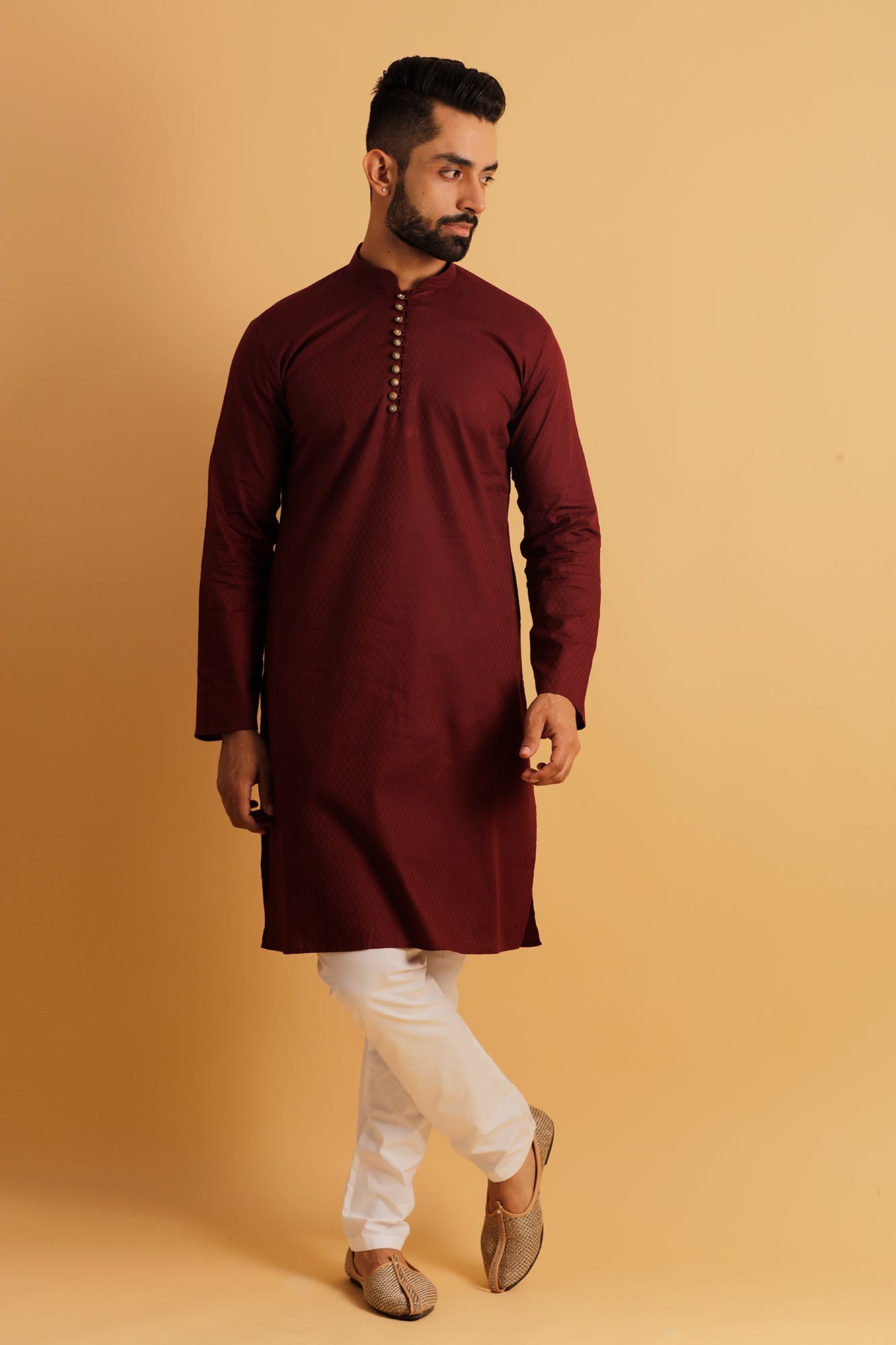 Woven Design Mandarin Collar Jacquard Straight Kurta