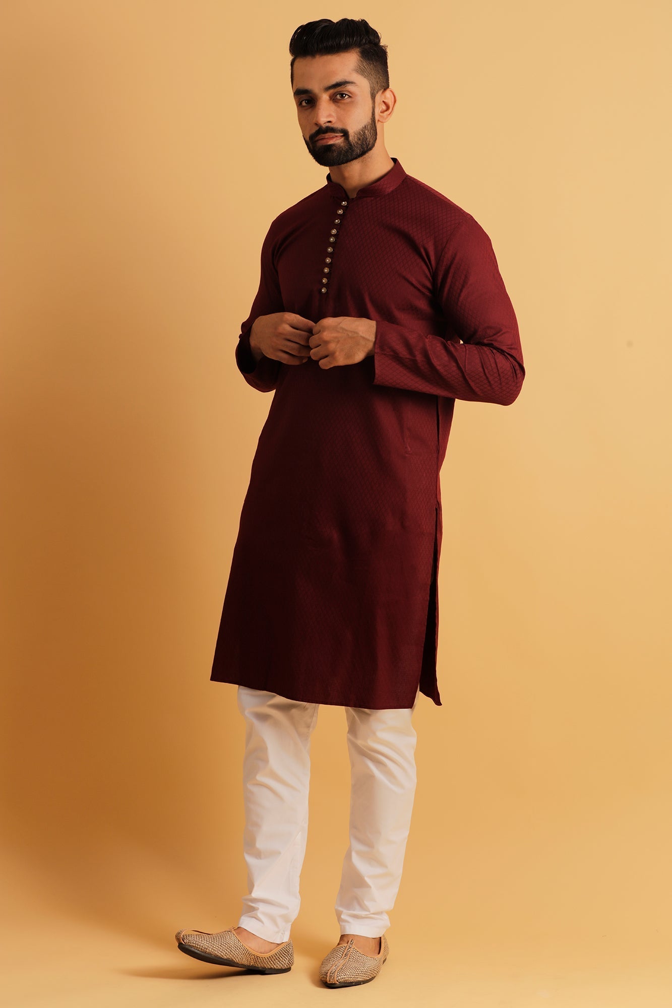 Woven Design Mandarin Collar Jacquard Straight Kurta