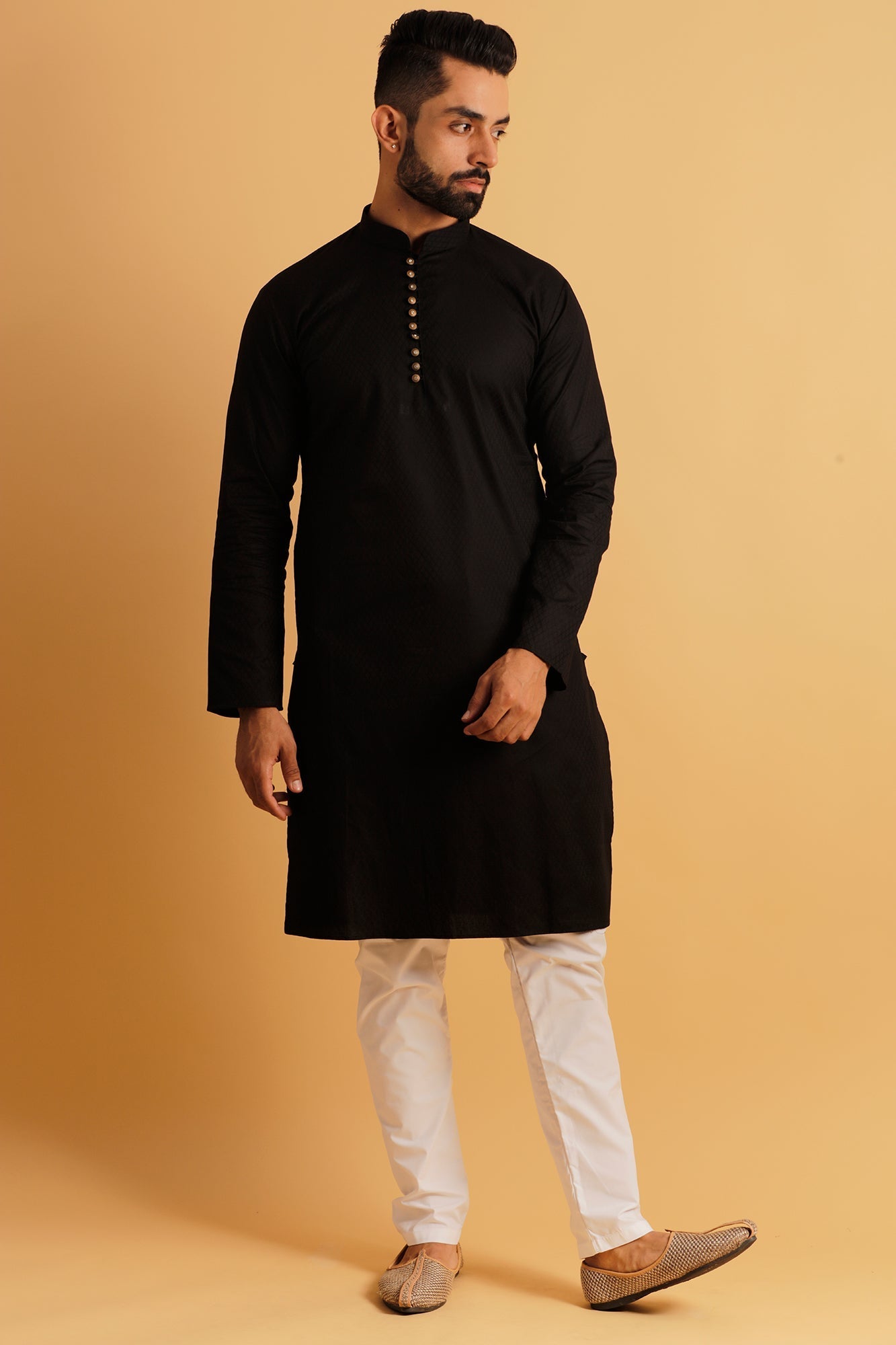 Woven Design Mandarin Collar Jacquard Straight Kurta