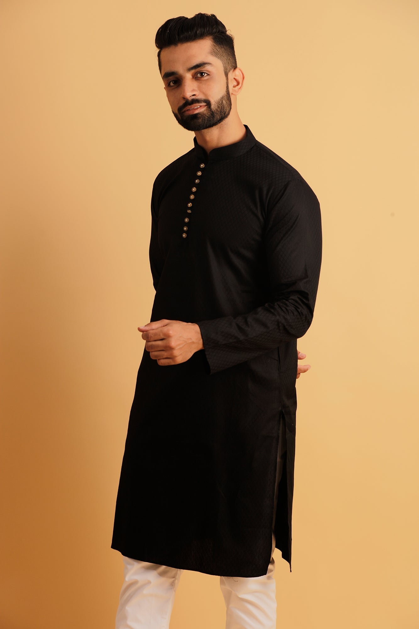 Woven Design Mandarin Collar Jacquard Straight Kurta