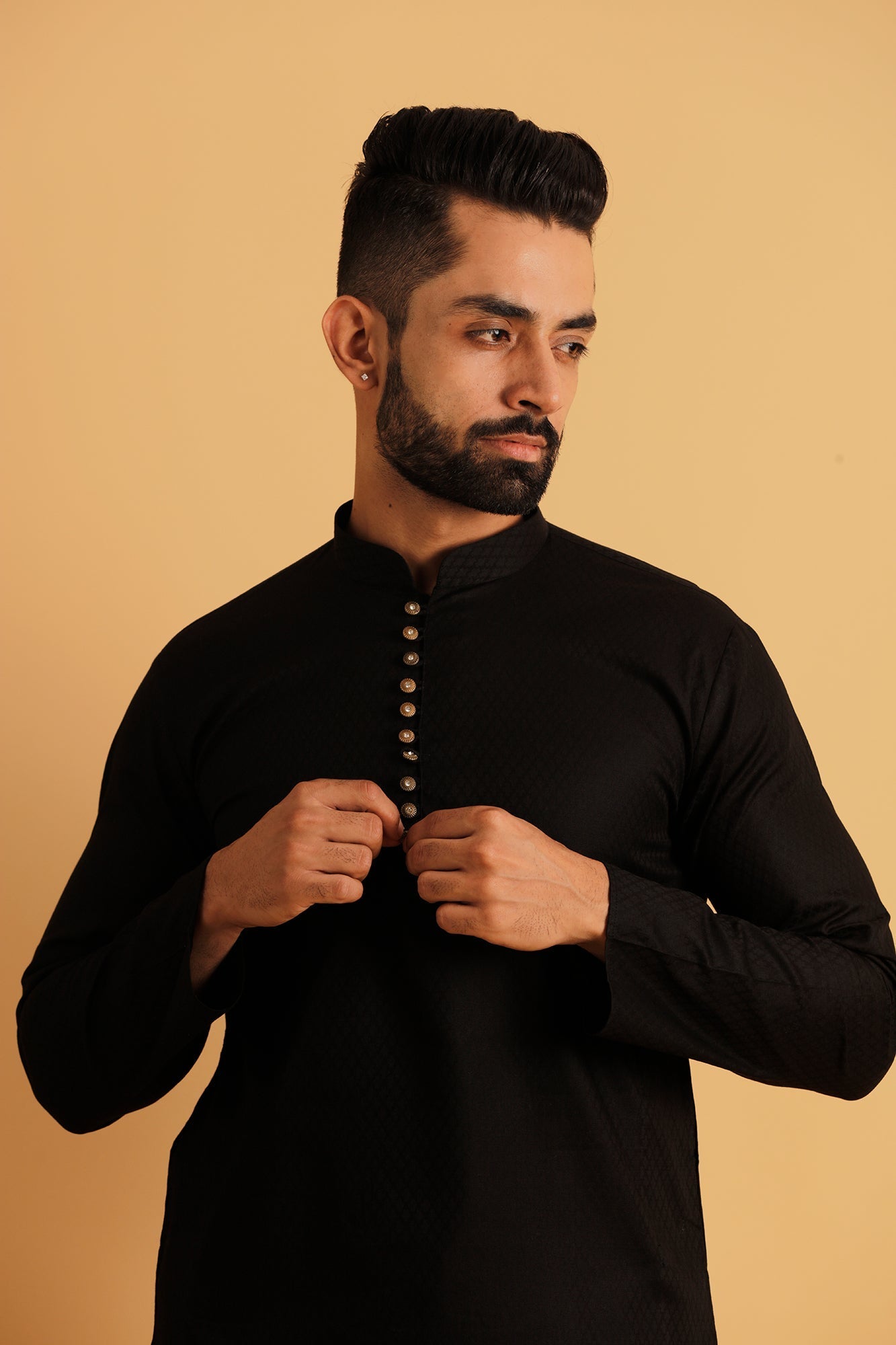 Woven Design Mandarin Collar Jacquard Straight Kurta