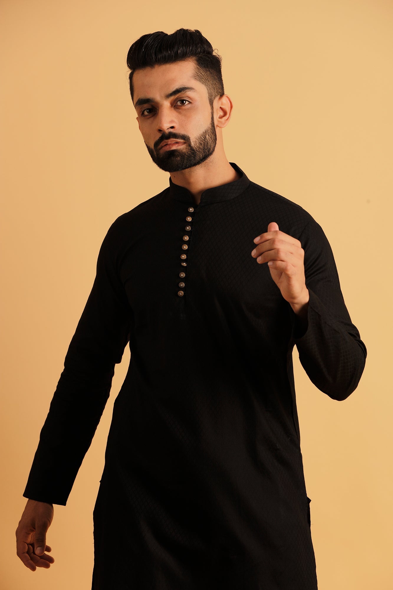 Woven Design Mandarin Collar Jacquard Straight Kurta