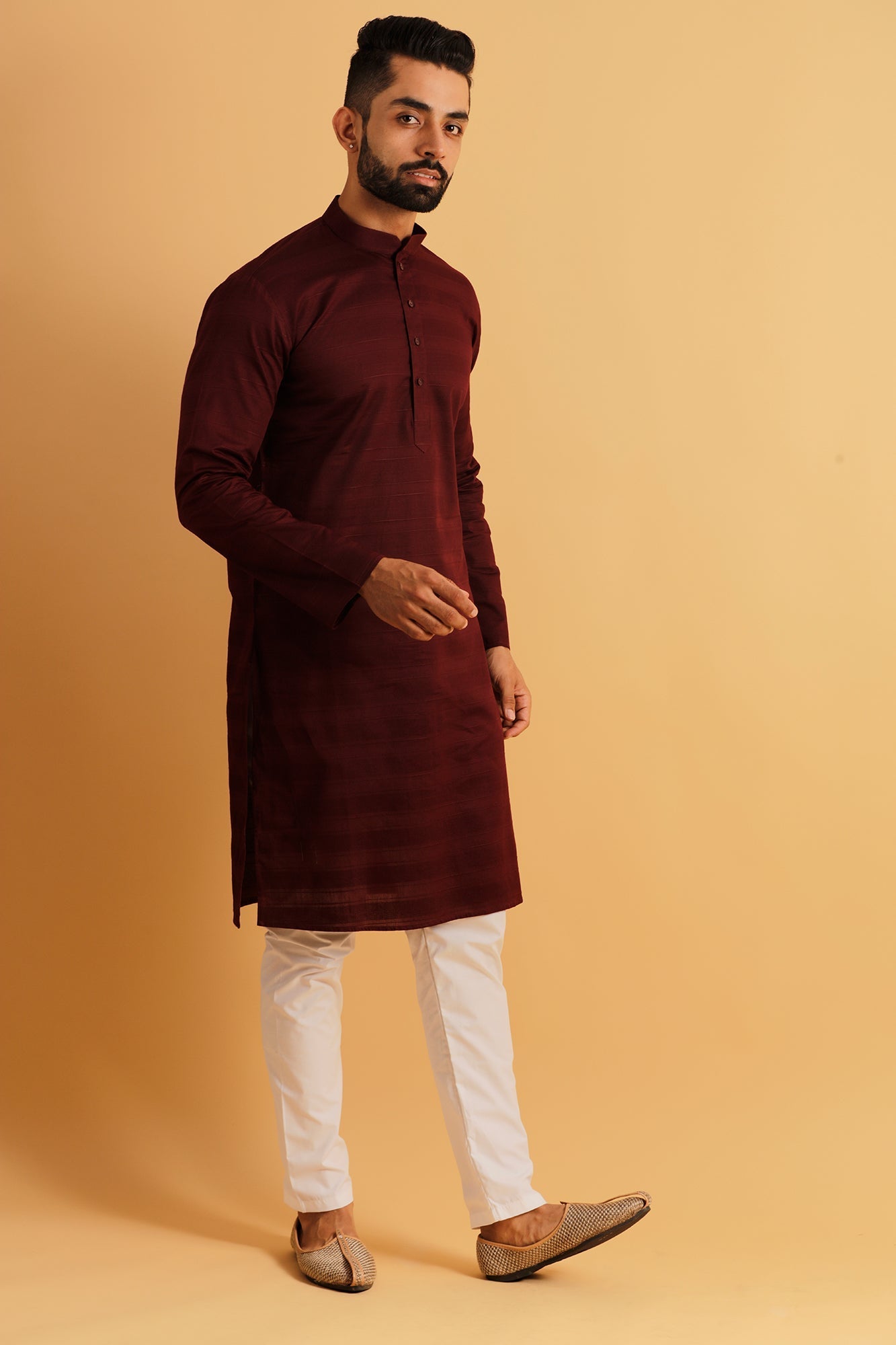 Woven Design Band Collar Cotton Straight Kurta