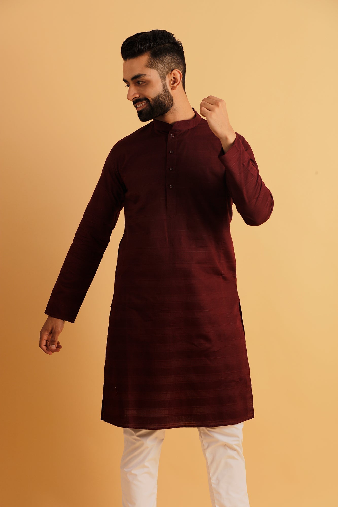 Woven Design Band Collar Cotton Straight Kurta