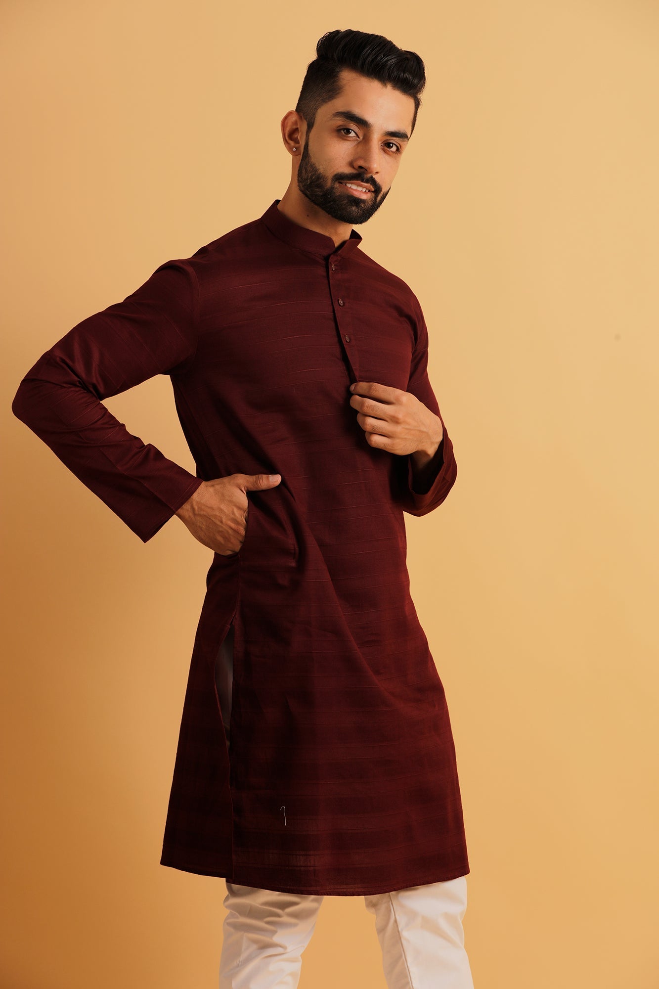 Woven Design Band Collar Cotton Straight Kurta