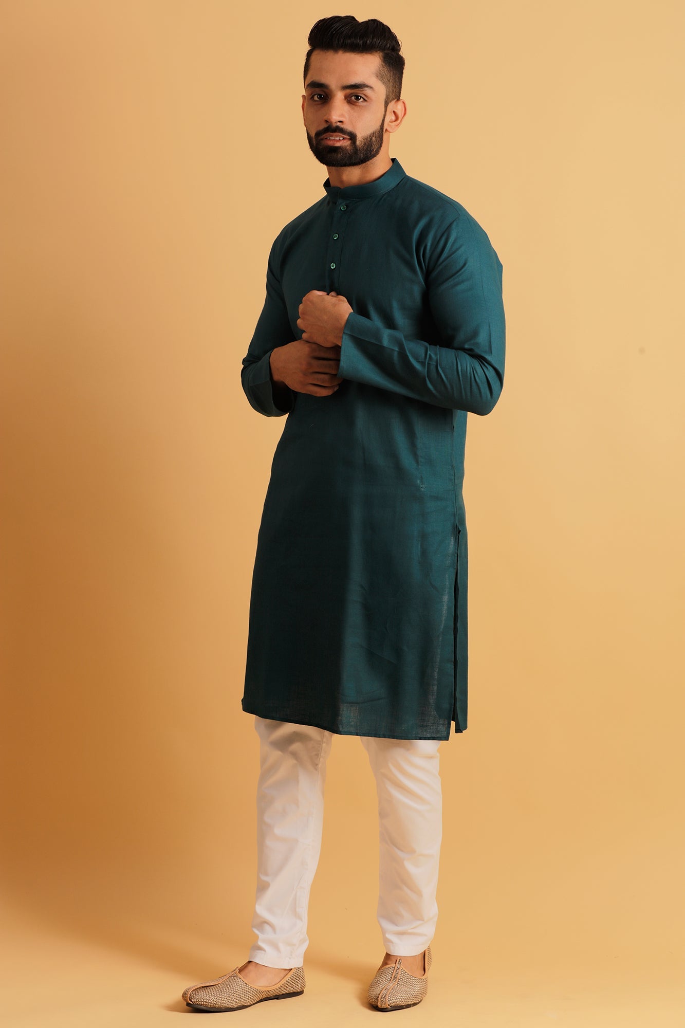 Men Green Geometric Cold-Shoulder Sleeves Thread Work Kurta