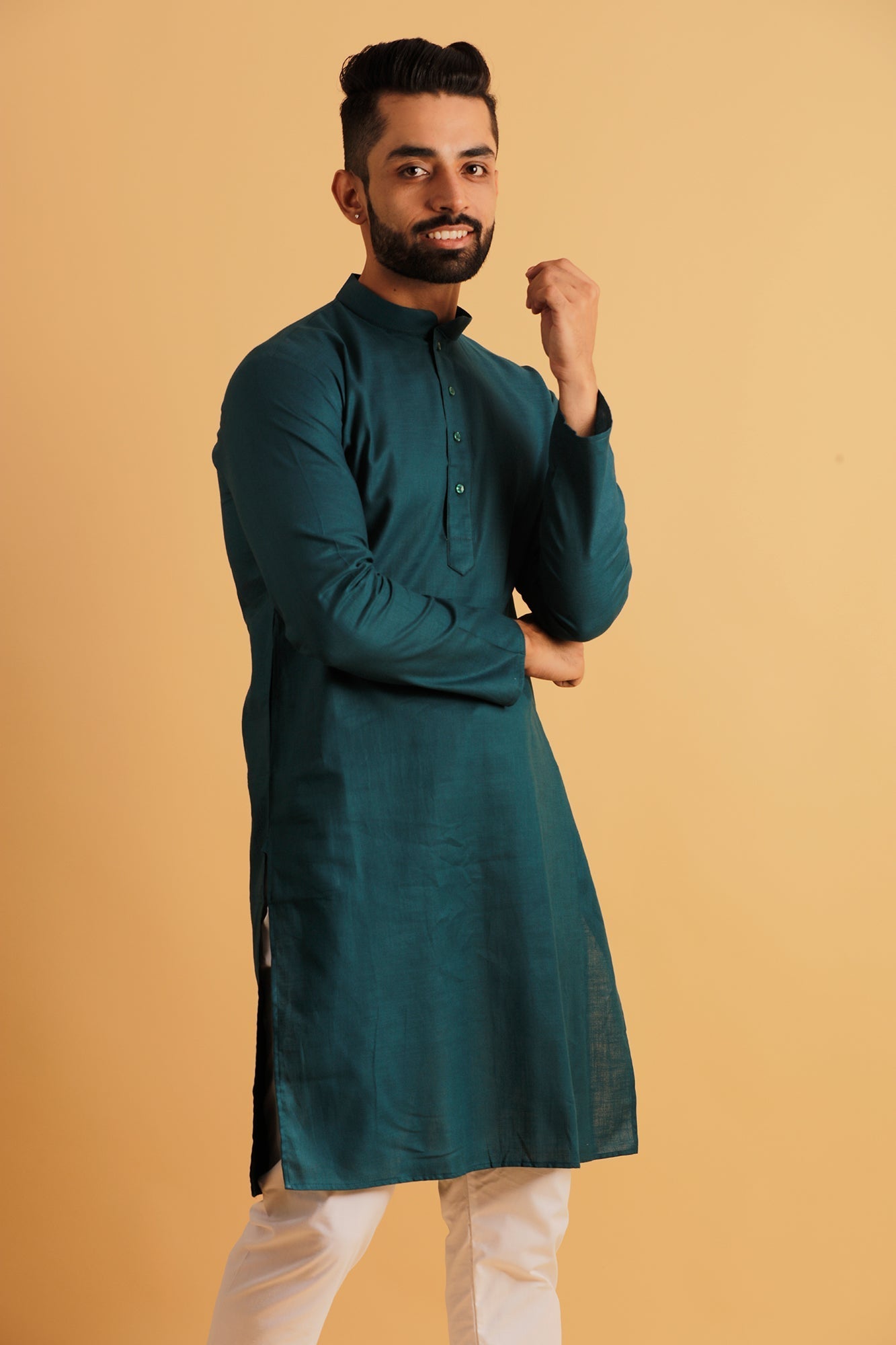 Men Green Geometric Cold-Shoulder Sleeves Thread Work Kurta